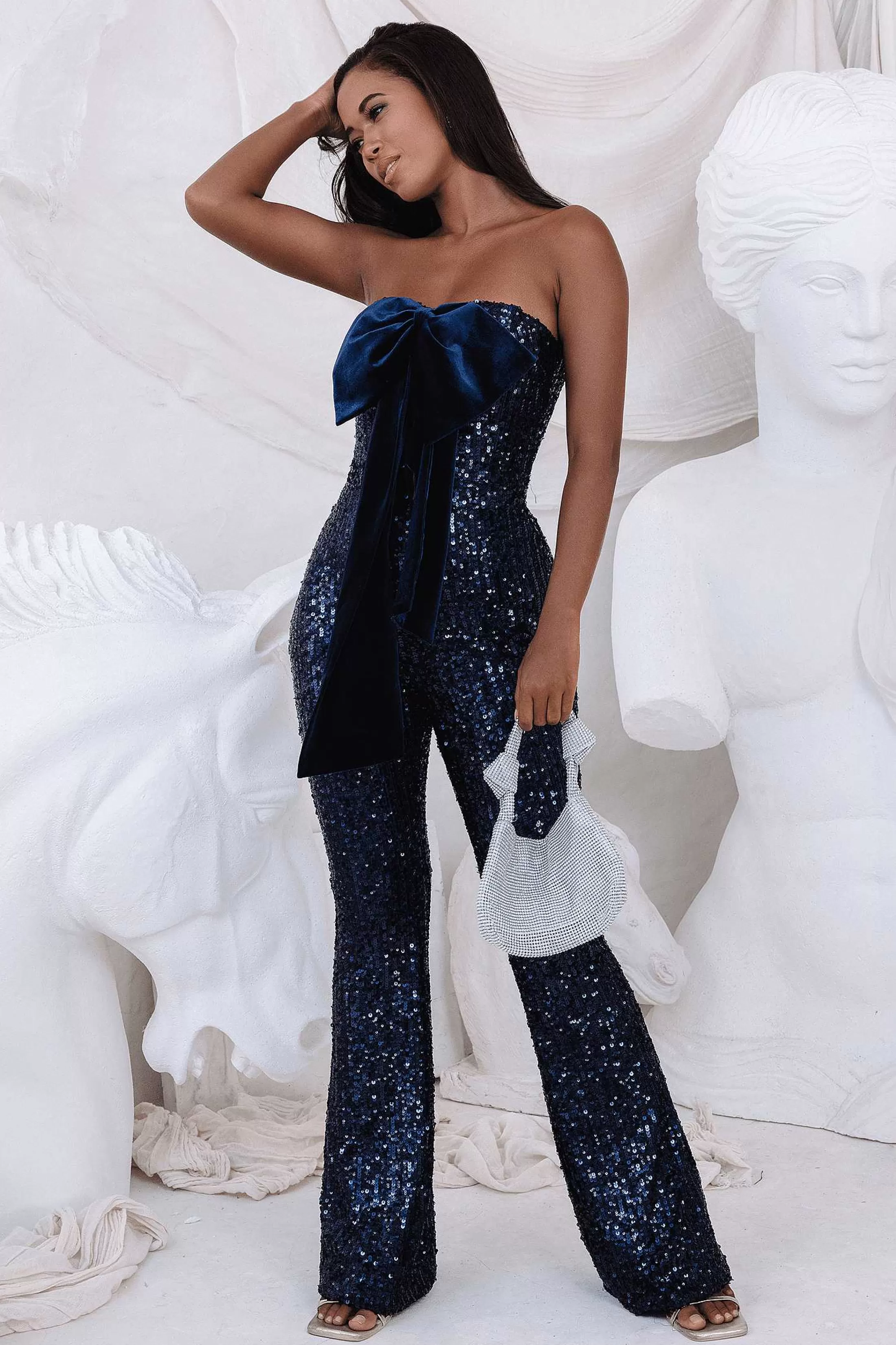 Lavish Alice Jumpsuits & Playsuits<Adira Bandeau Bow Sequin & Velvet Jumpsuit In Navy