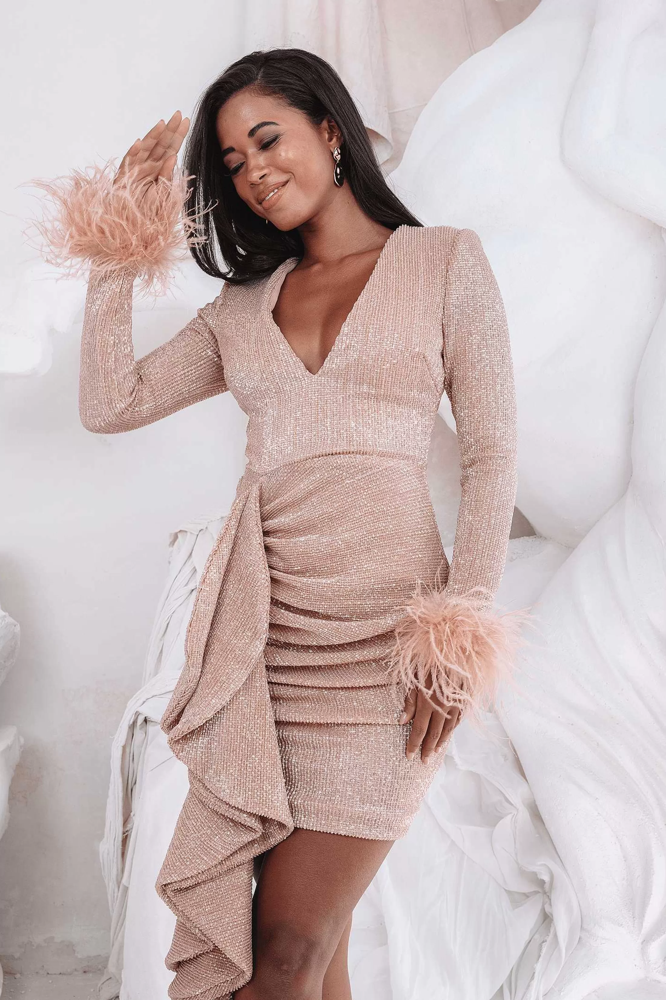 Lavish Alice Dresses<Aphrodite Draped Skirt Pleated Sequin Mini Dress In Rose Gold