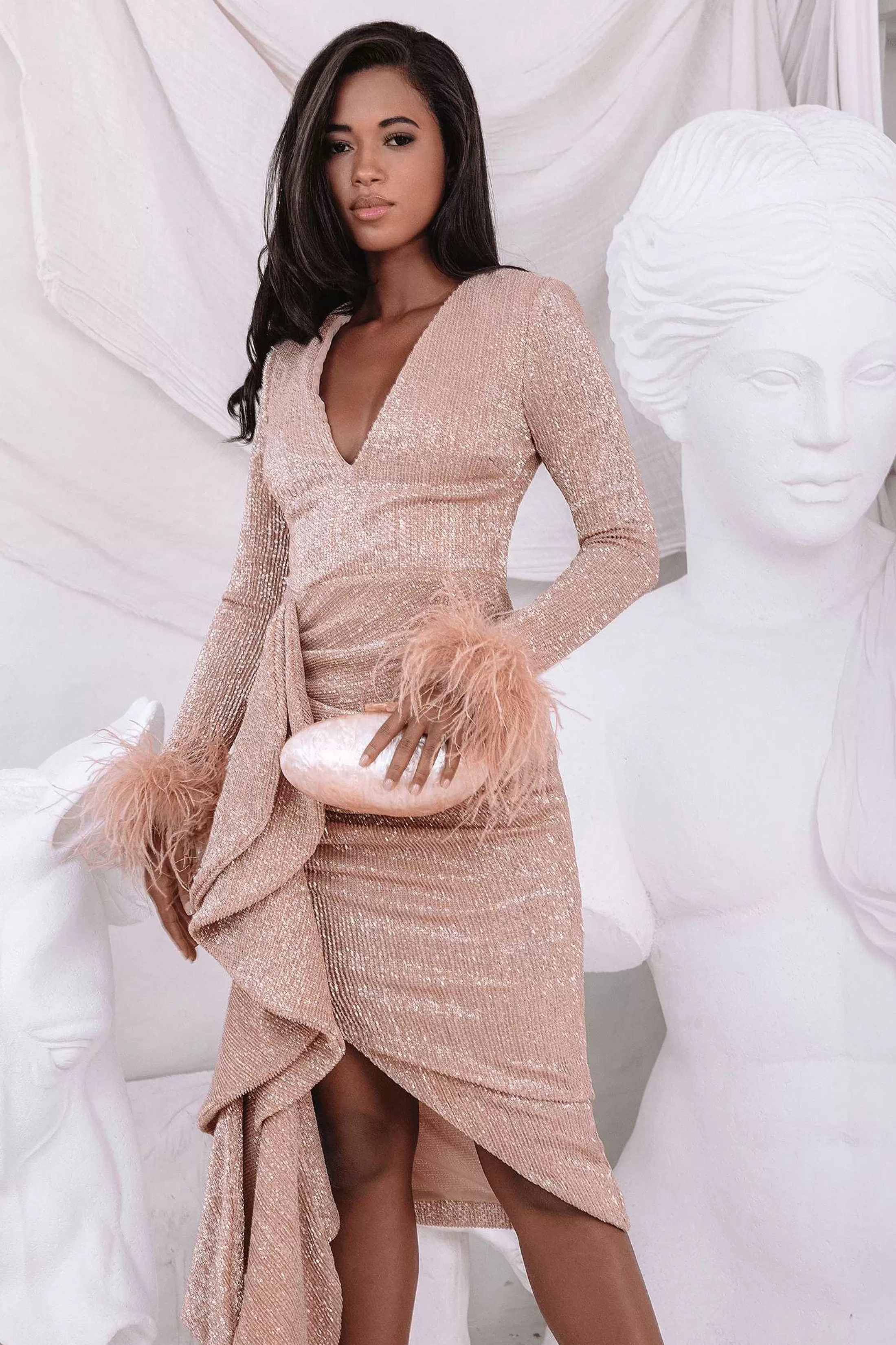 Lavish Alice Dresses<Athena Draped Skirt Pleated Sequin Midi Dress In Gold