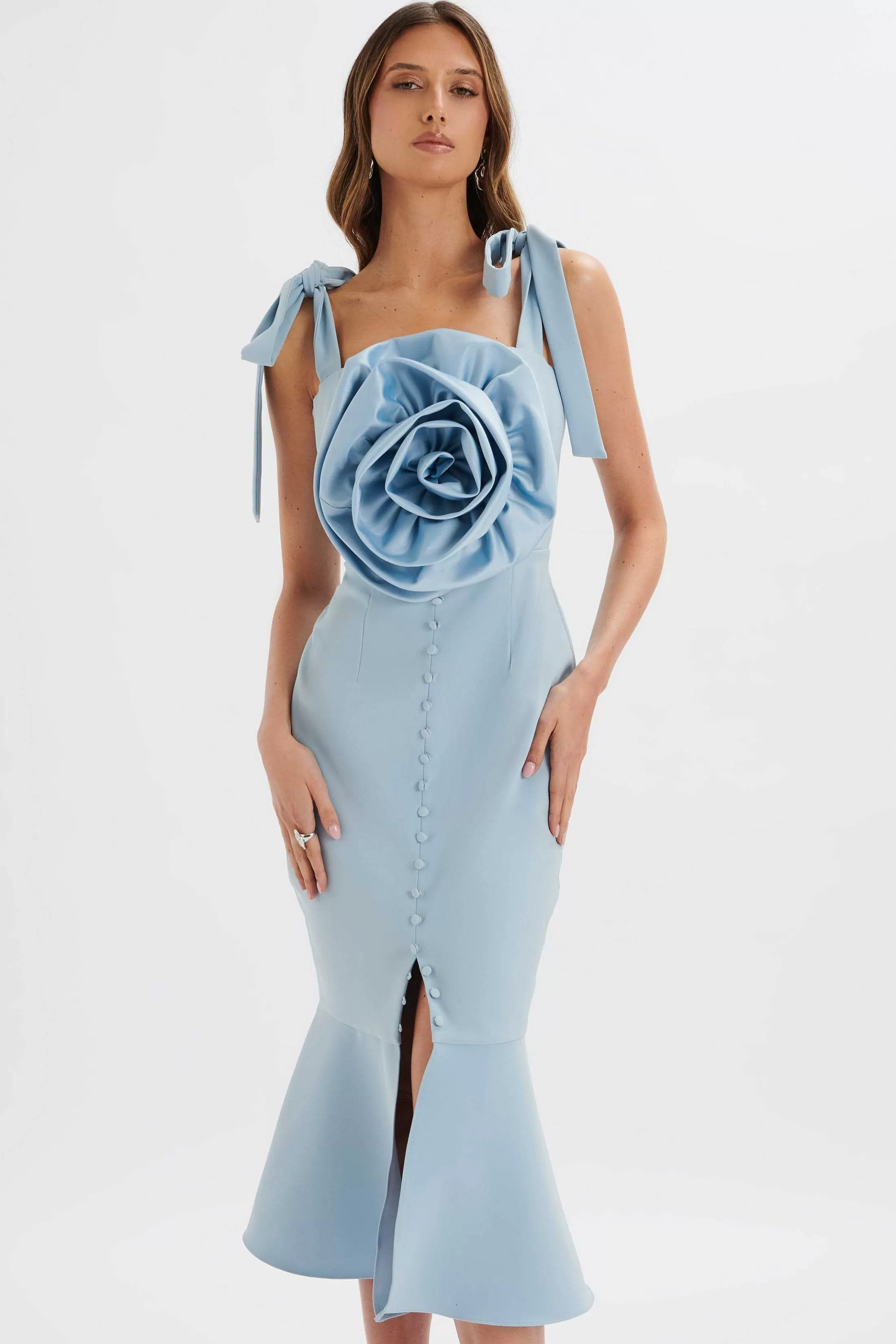 Lavish Alice Dresses<August Flower Detail Tie Strap Micro Button Midi Dress In Cornflower Blue