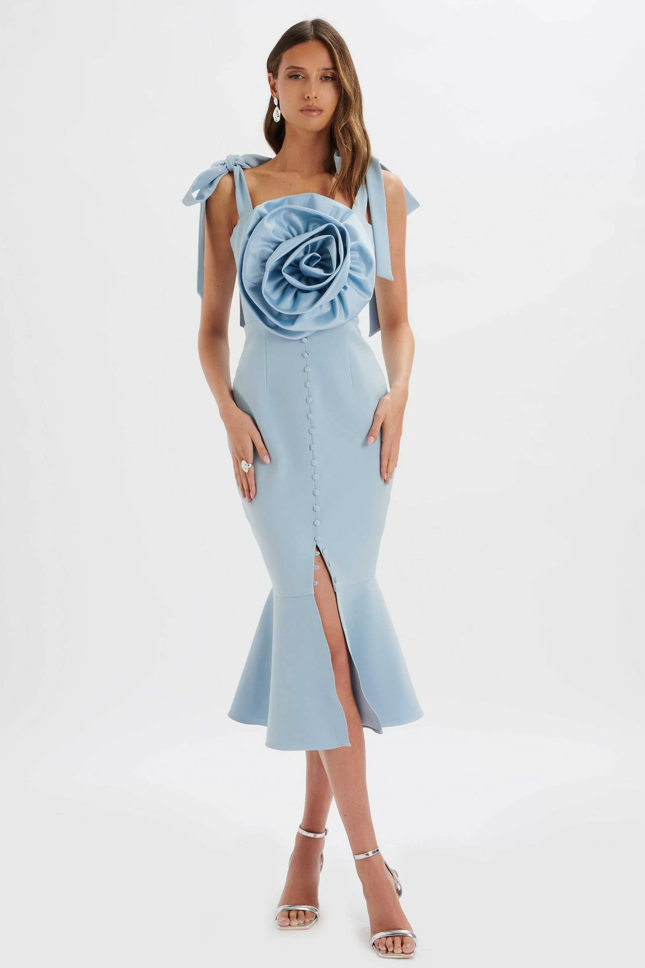 Lavish Alice Dresses<August Flower Detail Tie Strap Micro Button Midi Dress In Cornflower Blue