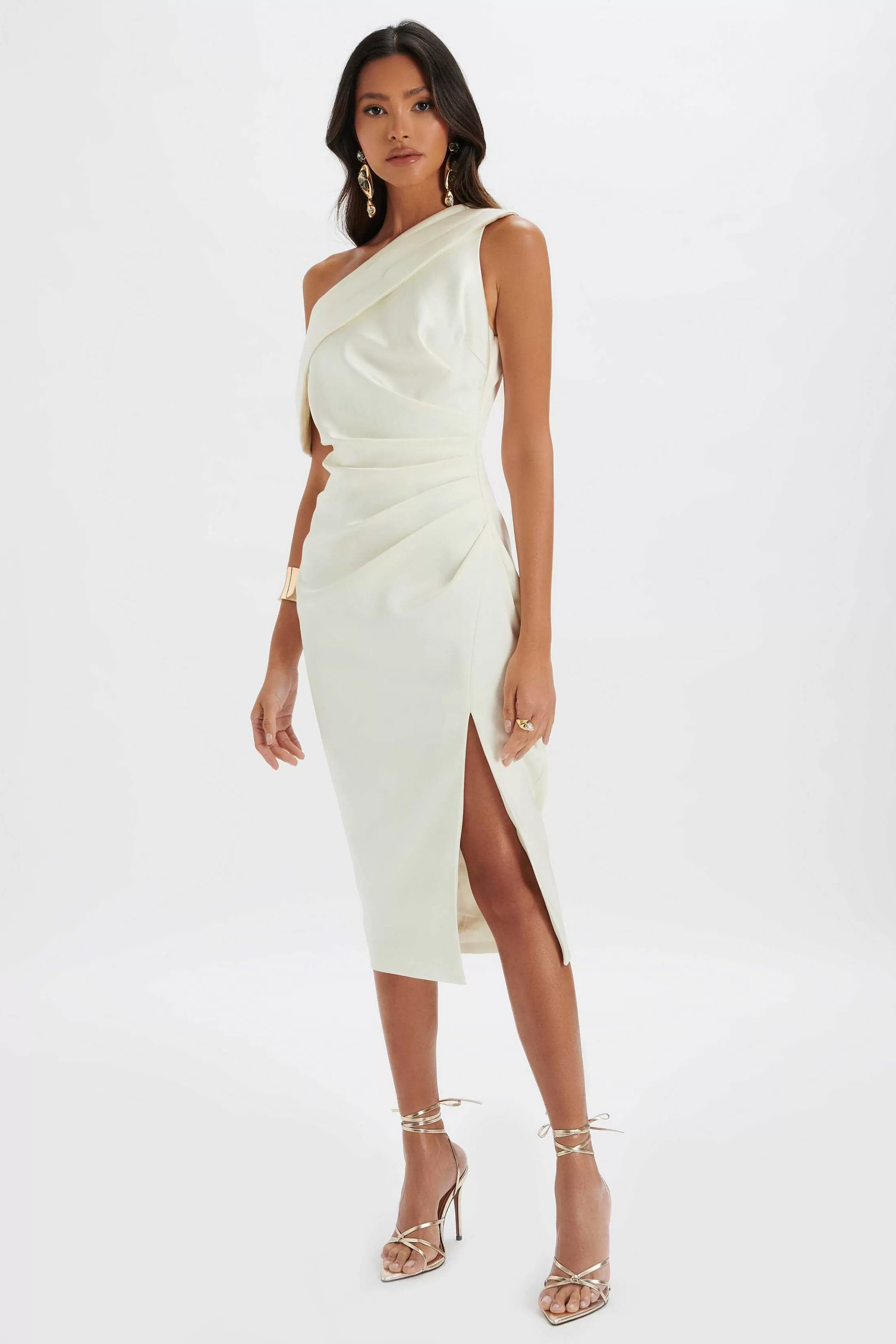 Lavish Alice Dresses<Autumn Pleated One Shoulder Bonded Satin Midi Dress In Ivory
