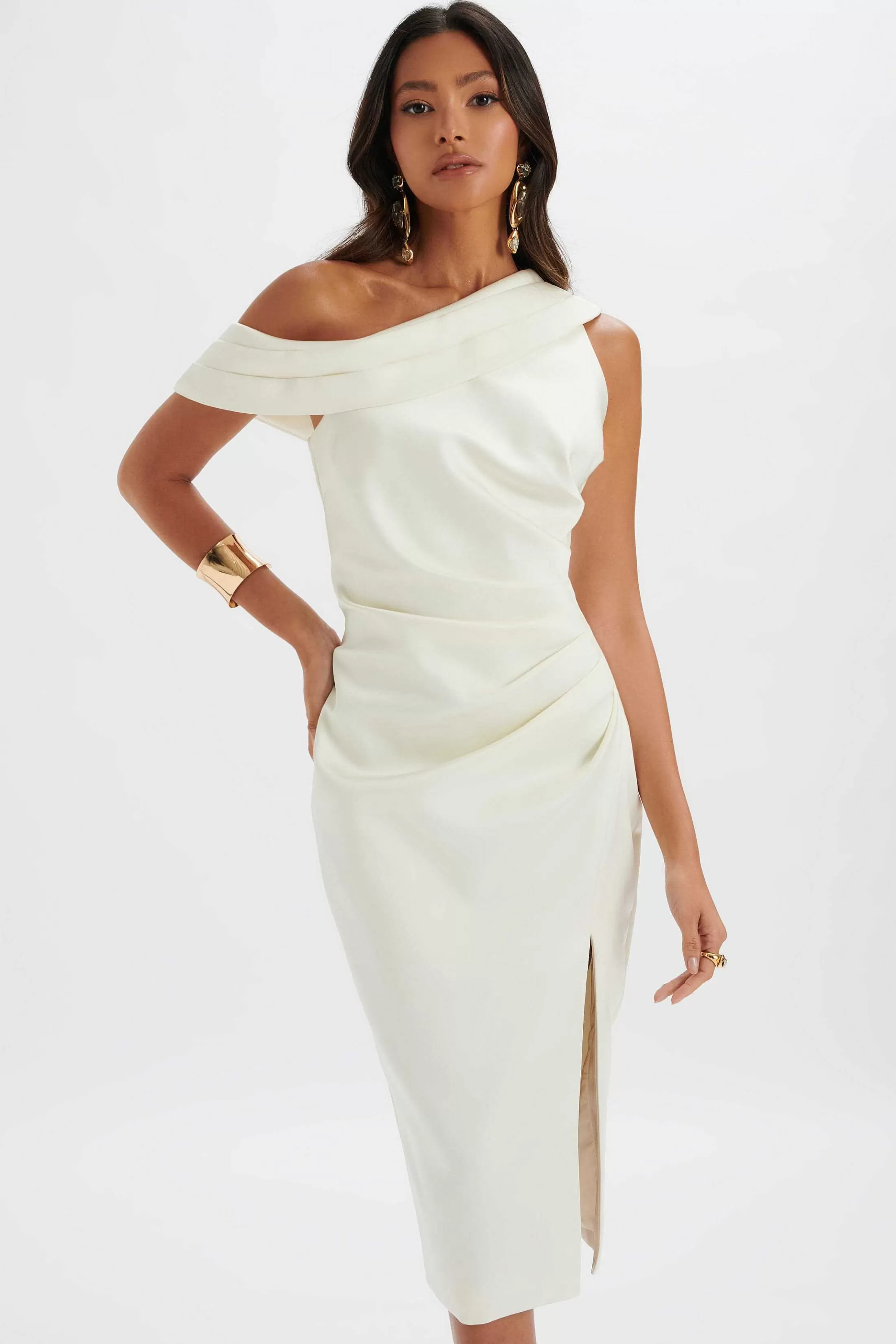 Lavish Alice Dresses<Autumn Pleated One Shoulder Bonded Satin Midi Dress In Ivory