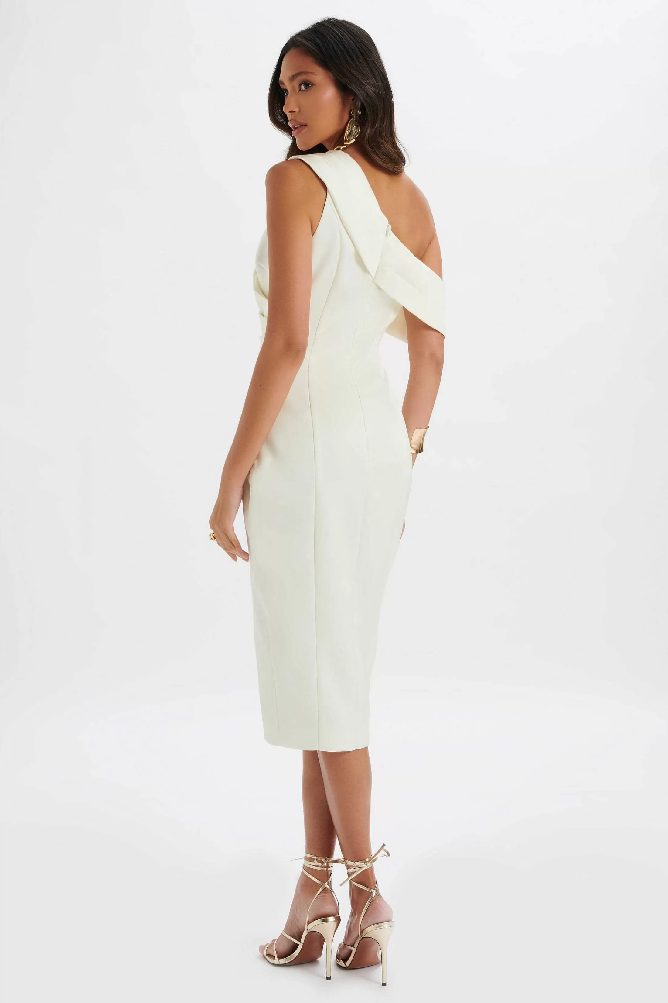 Lavish Alice Dresses<Autumn Pleated One Shoulder Bonded Satin Midi Dress In Ivory
