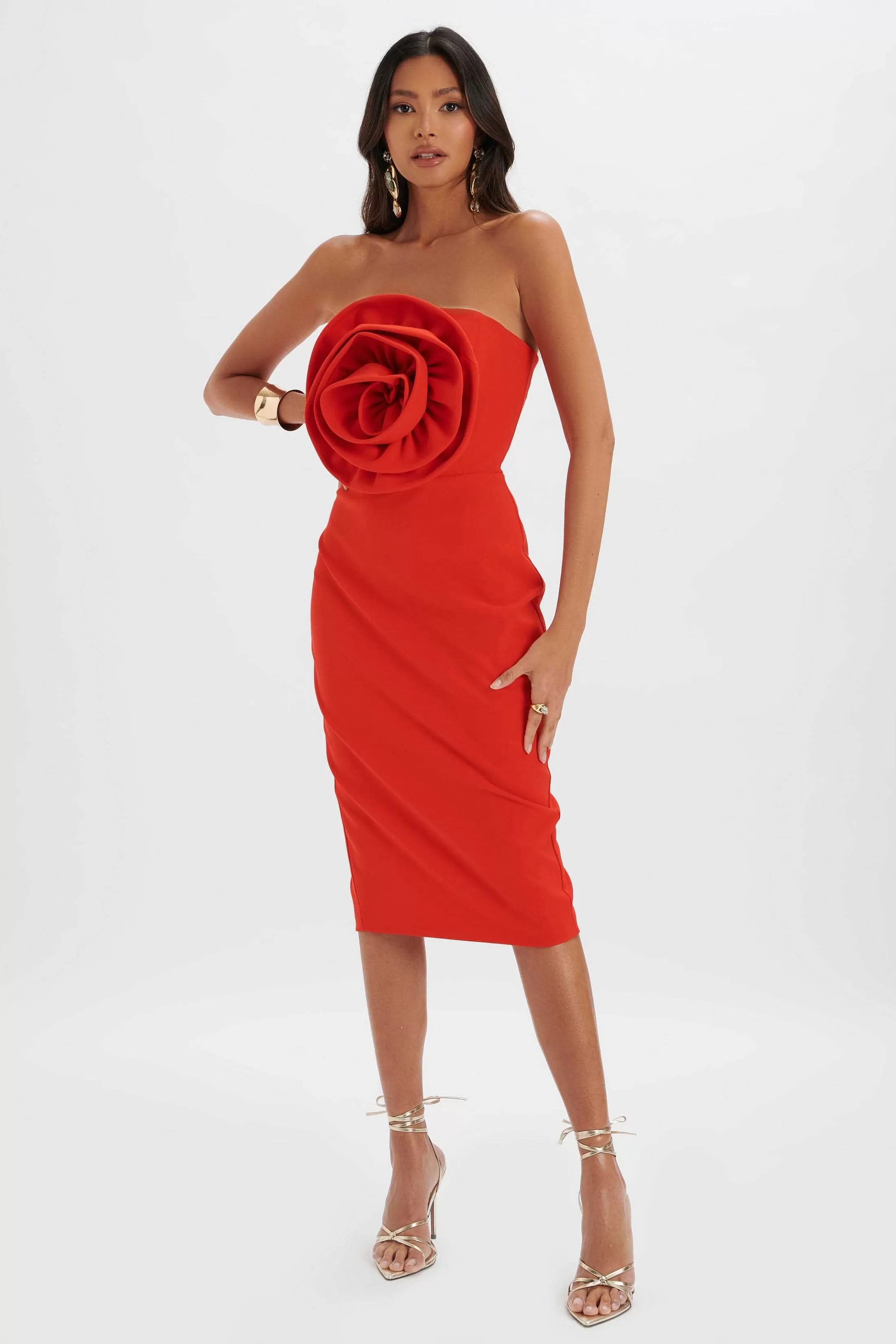 Lavish Alice Dresses<Belle 3D Flower Bandeau Midi Dress In Red