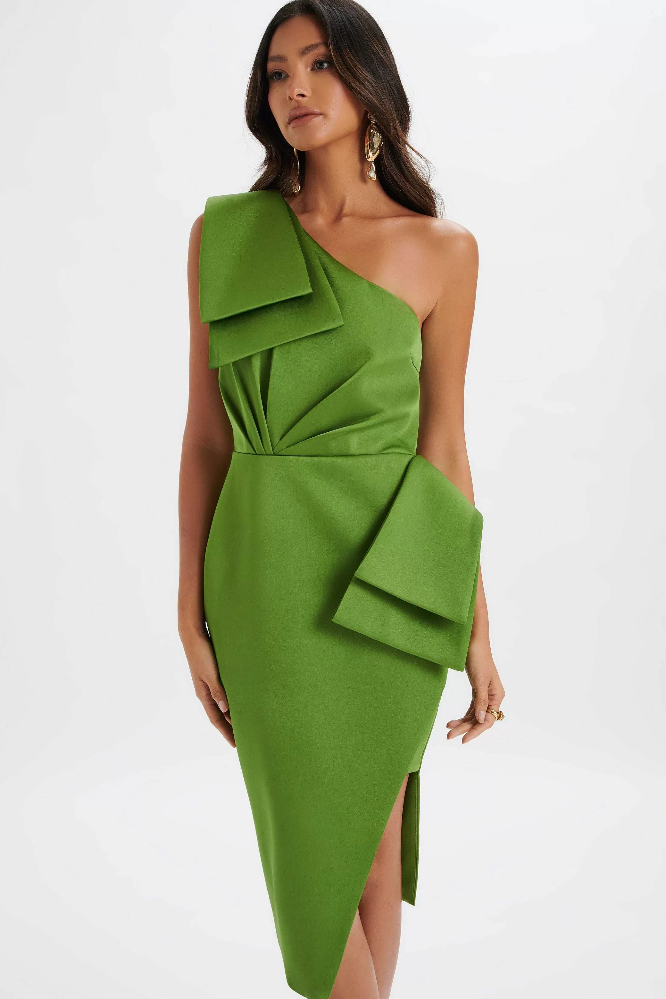 Lavish Alice Dresses<Bloom One Shoulder Bow Detail Satin Midi Dress In Green