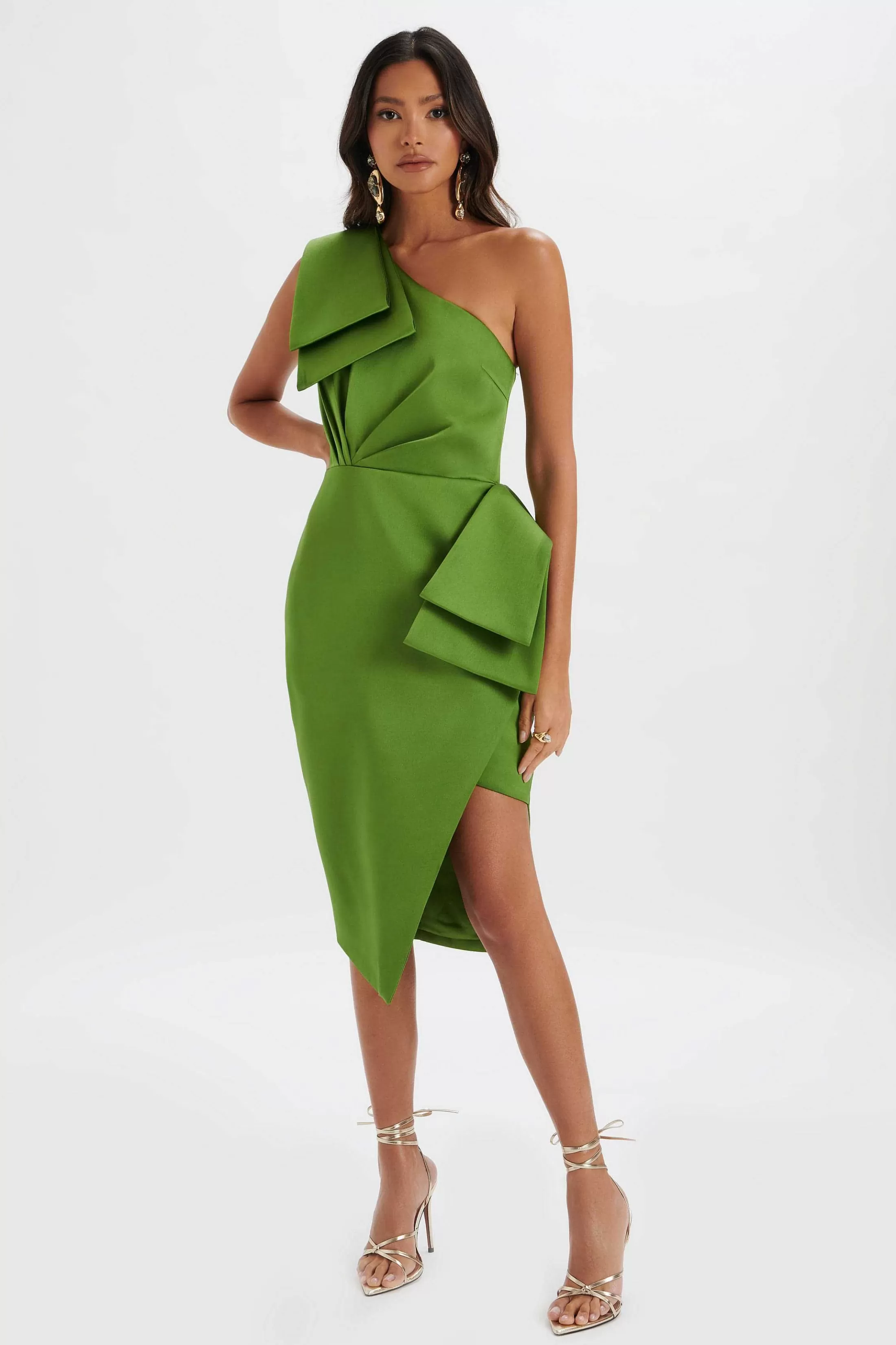 Lavish Alice Dresses<Bloom One Shoulder Bow Detail Satin Midi Dress In Green