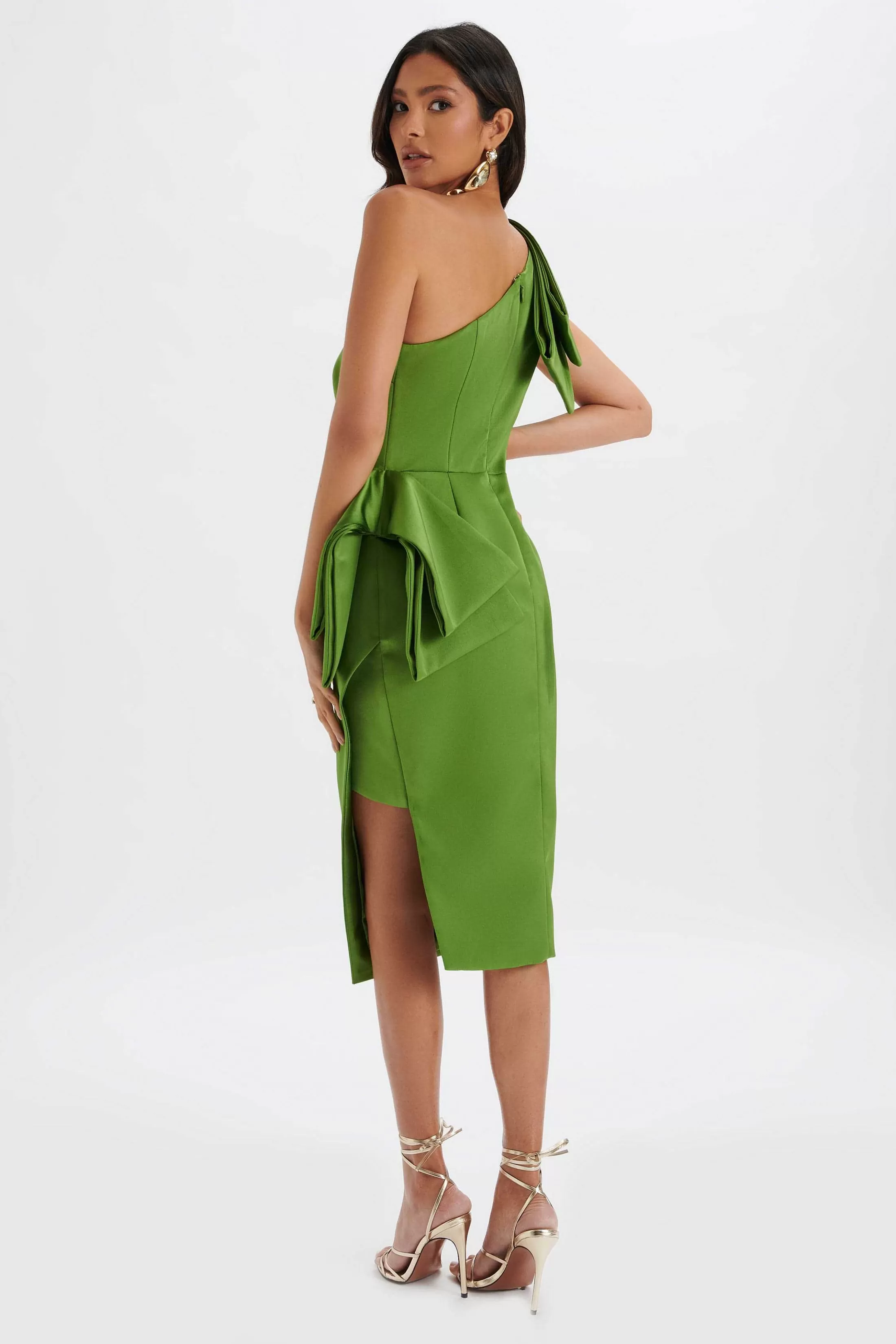 Lavish Alice Dresses<Bloom One Shoulder Bow Detail Satin Midi Dress In Green