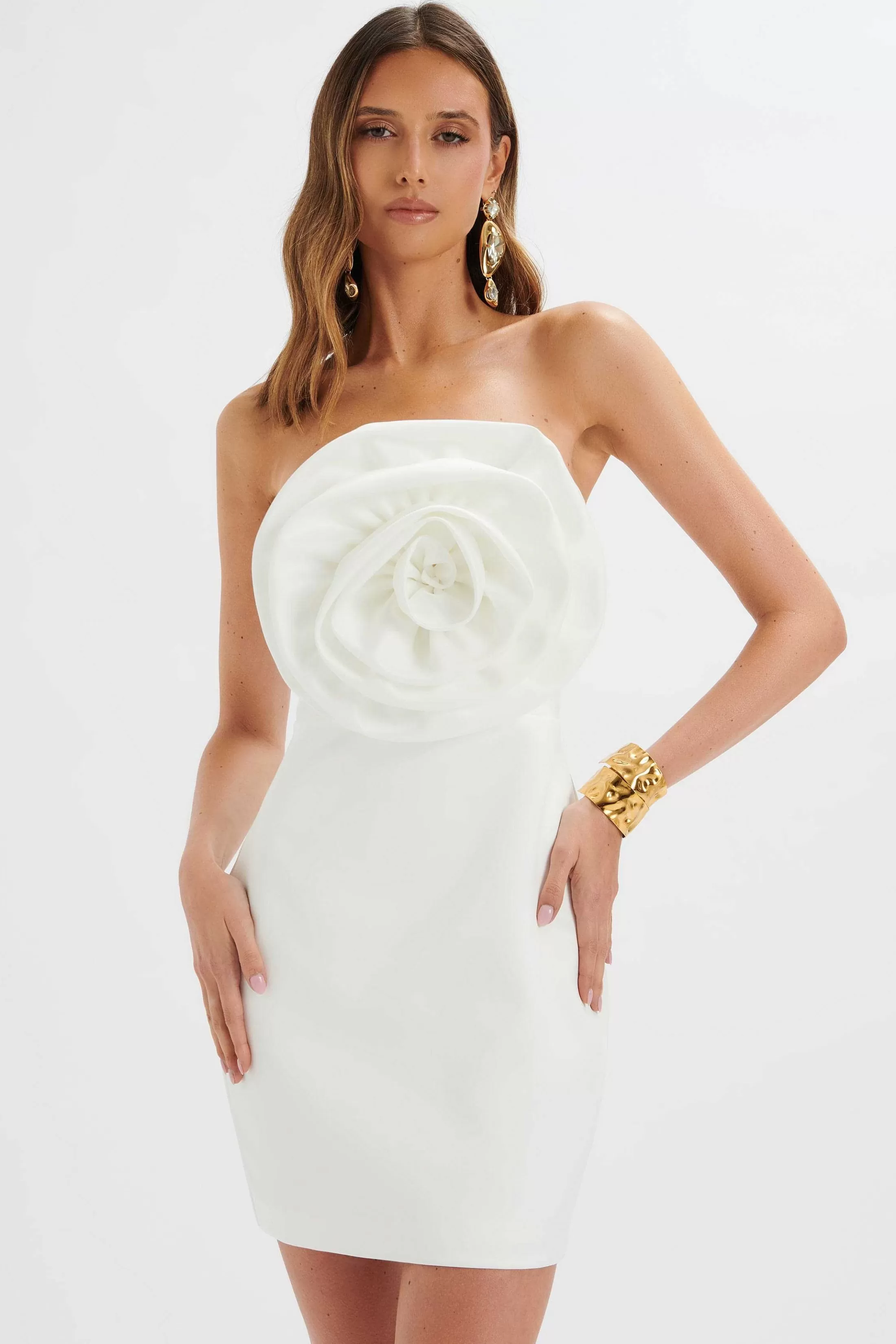 Lavish Alice Dresses<Bryanna 3D Flower Bandeau Satin Mini Dress In White