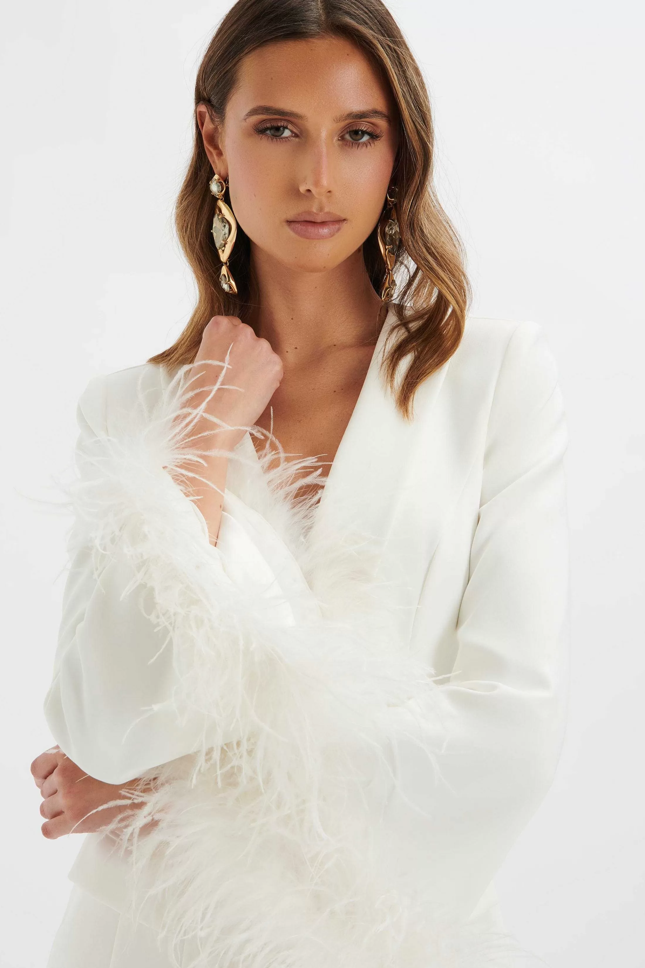 Lavish Alice Suiting<Celia Feather Cuff Blazer Jacket In White