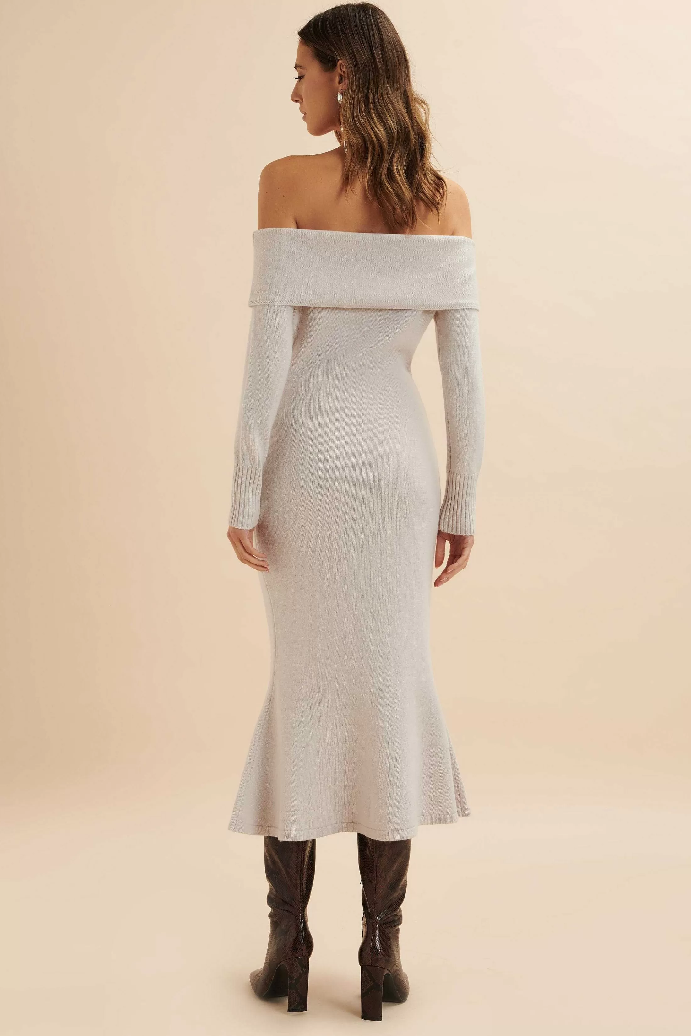 Lavish Alice Dresses<Clover Knitted Wool Bardot Midi Dress In Stone