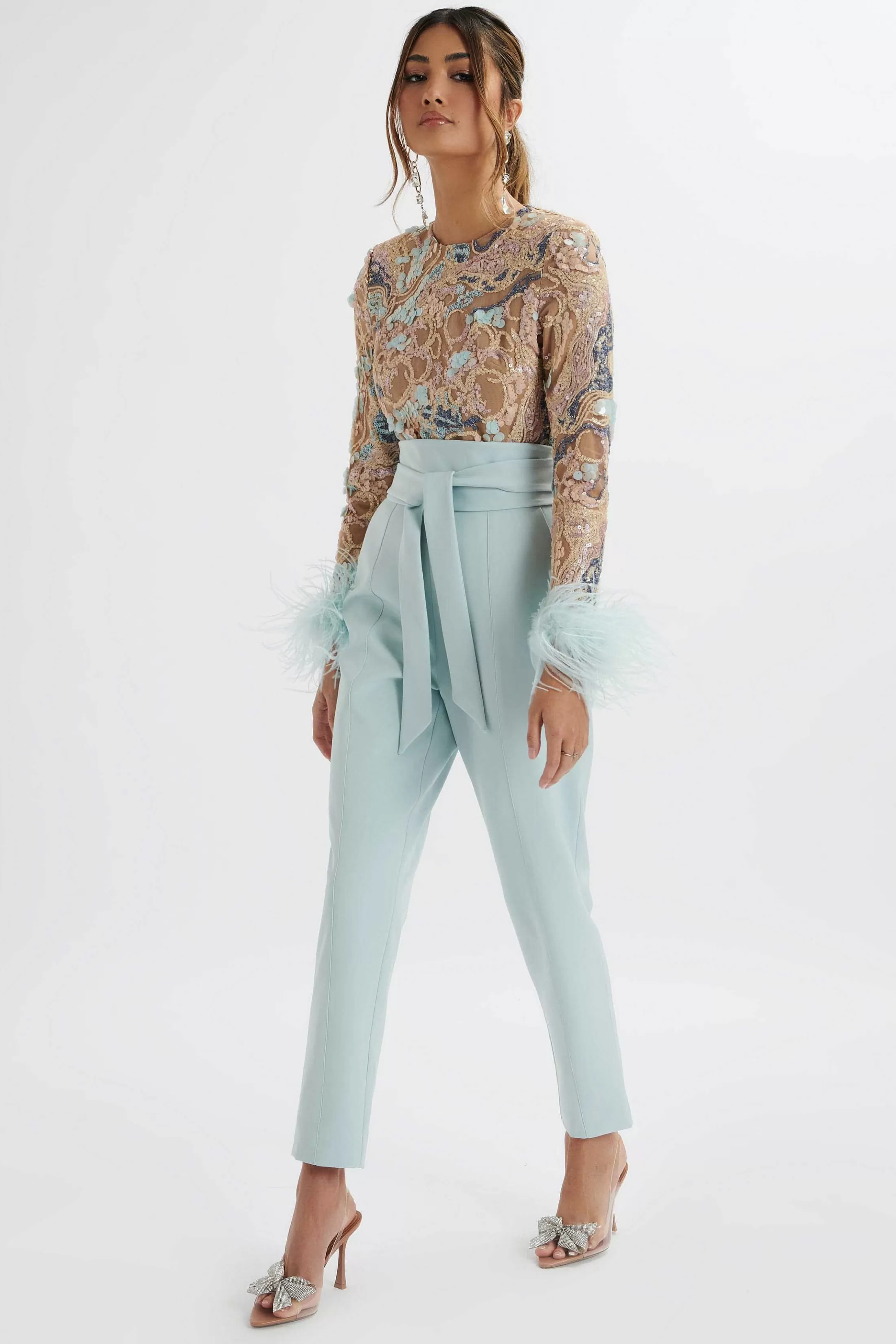 Lavish Alice Jumpsuits & Playsuits<Delia Embellished Feather Cuff Jumpsuit In Blue