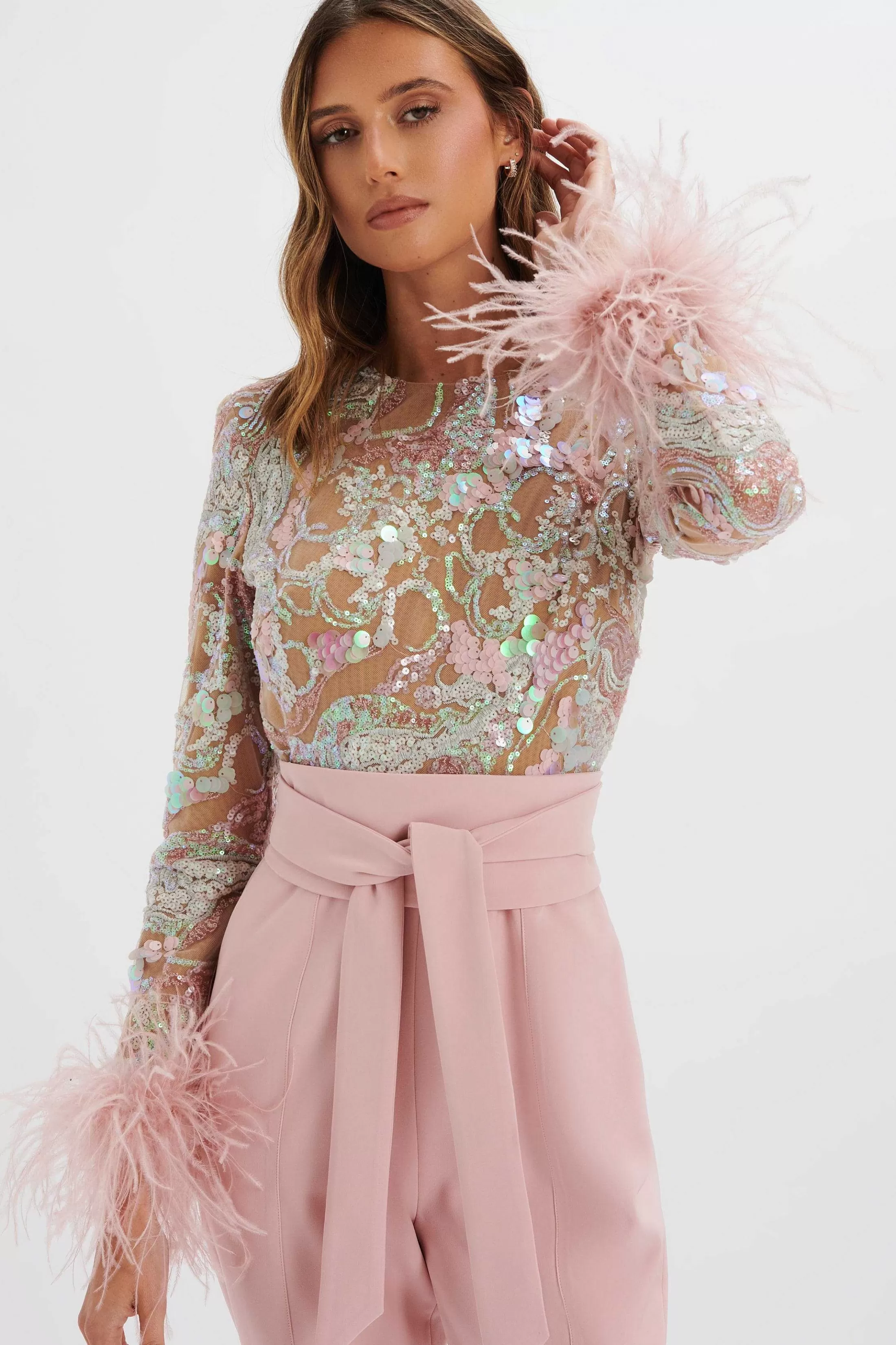 Lavish Alice Jumpsuits & Playsuits<Delia Embellished Feather Cuff Jumpsuit In Pink