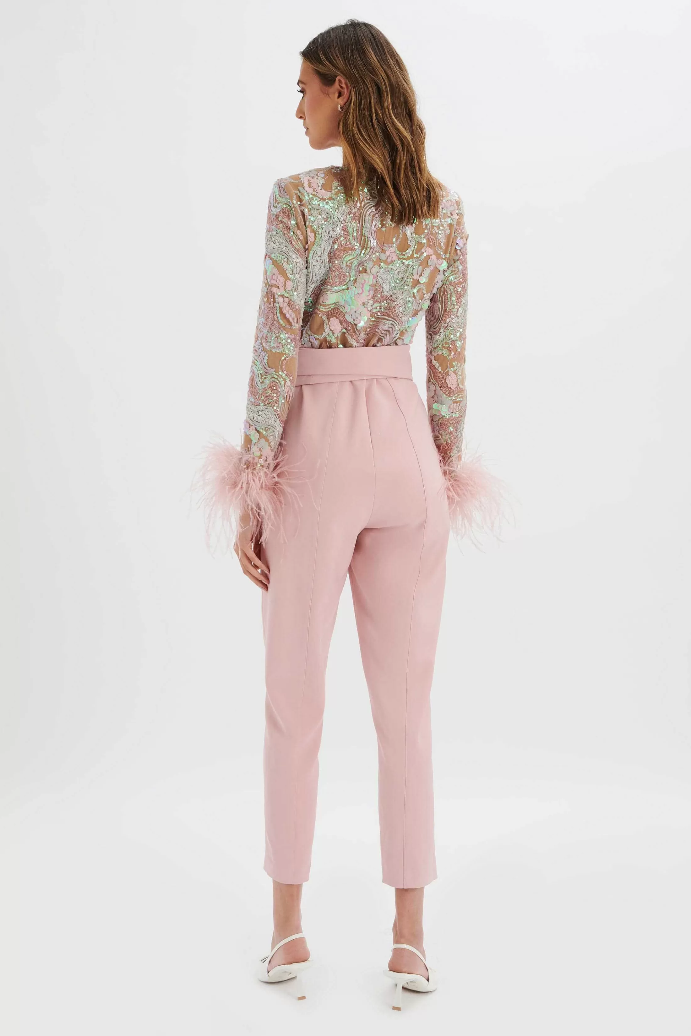 Lavish Alice Jumpsuits & Playsuits<Delia Embellished Feather Cuff Jumpsuit In Pink