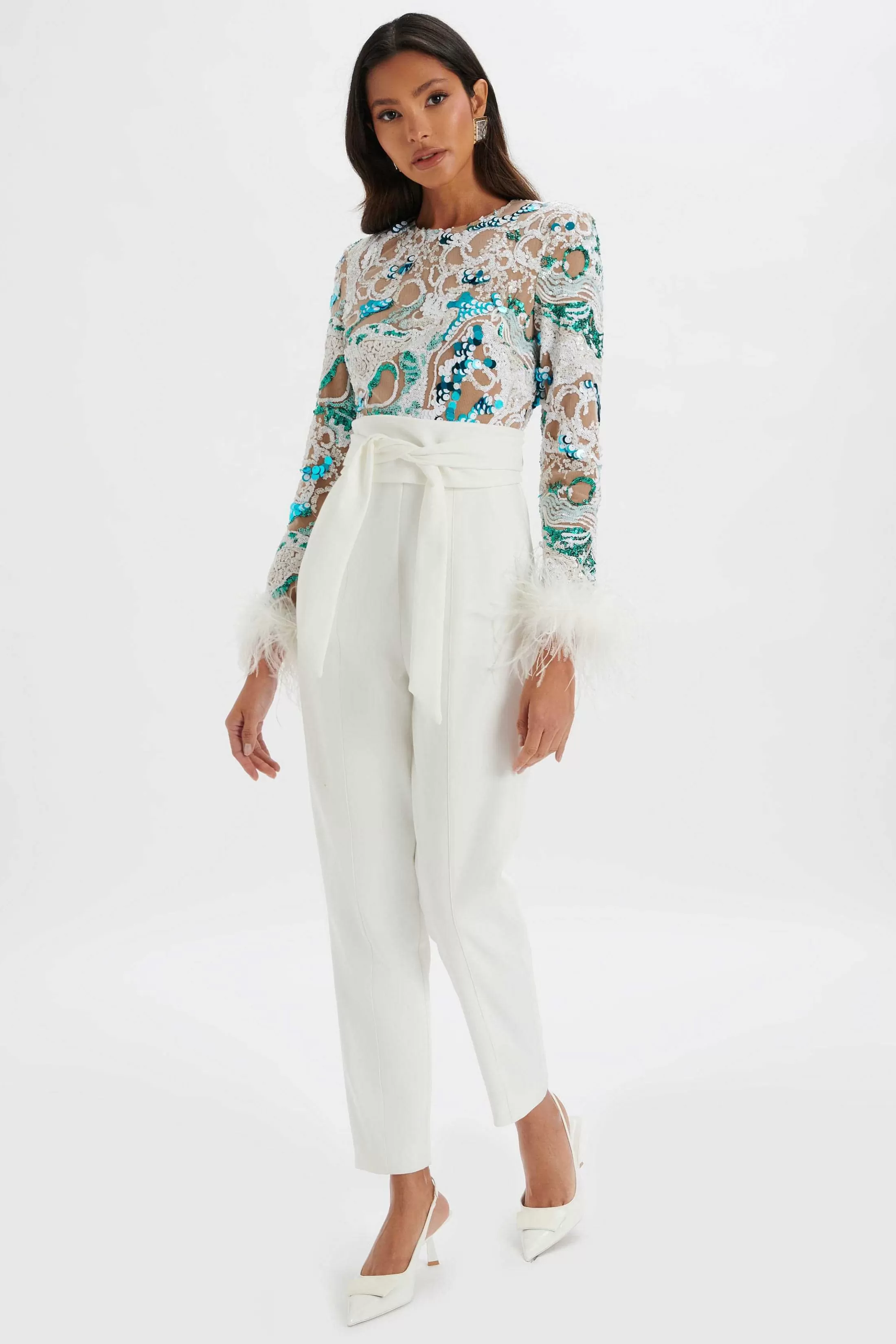 Lavish Alice Jumpsuits & Playsuits<Delia Embellished Feather Cuff Jumpsuit In White