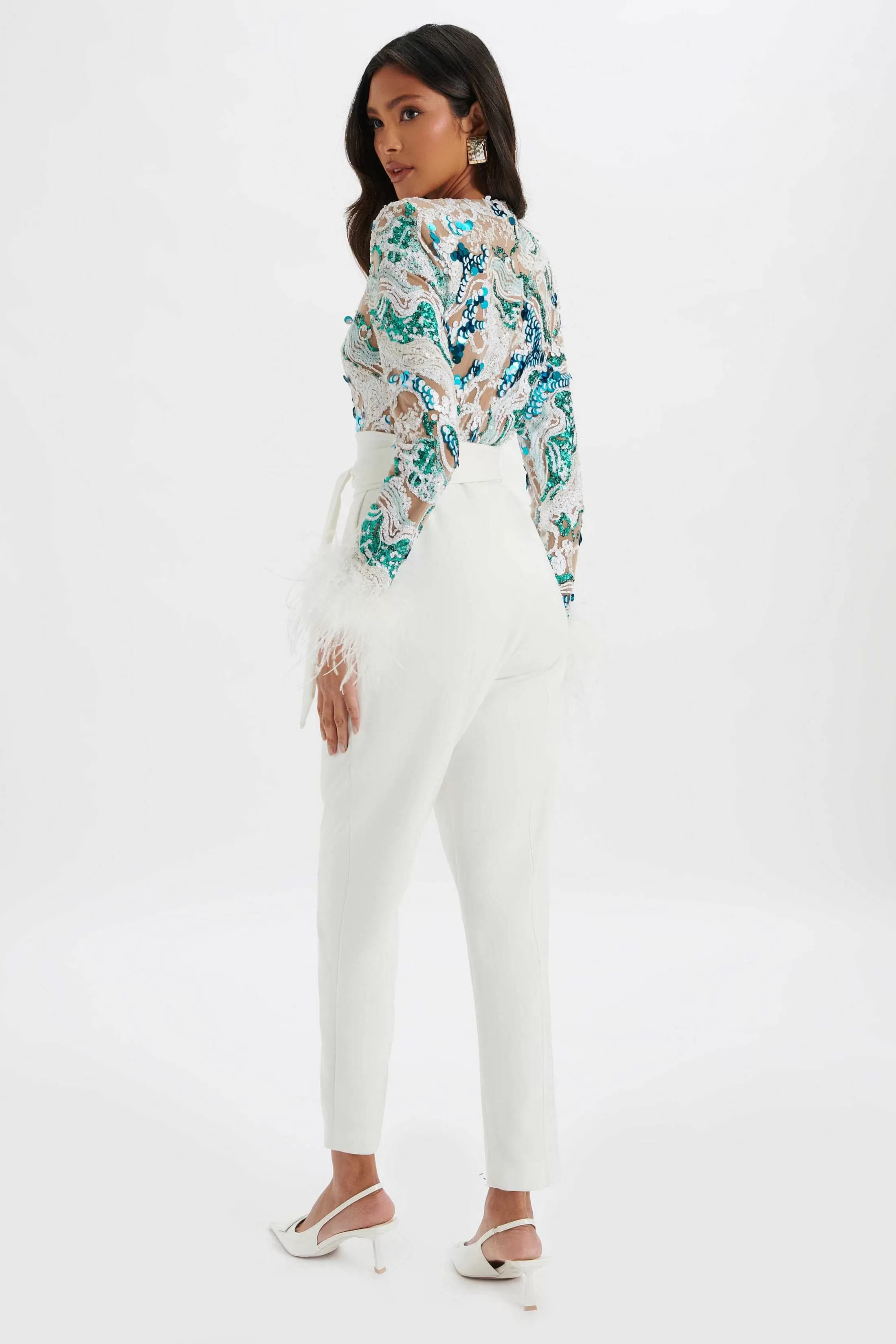 Lavish Alice Jumpsuits & Playsuits<Delia Embellished Feather Cuff Jumpsuit In White