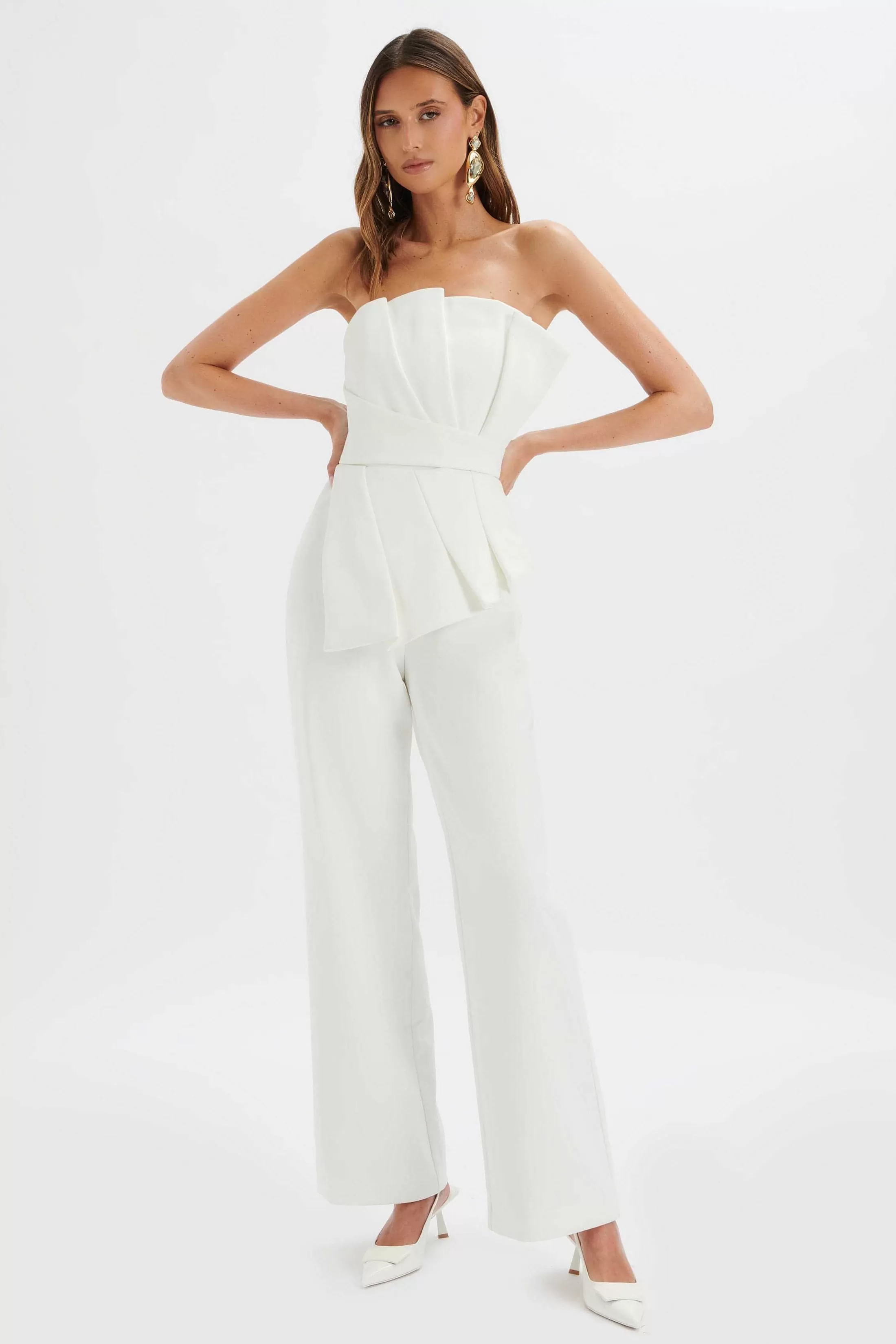 Lavish Alice Jumpsuits & Playsuits<Elara Asymmetric Pleated Frill Straight Leg Jumpsuit In White