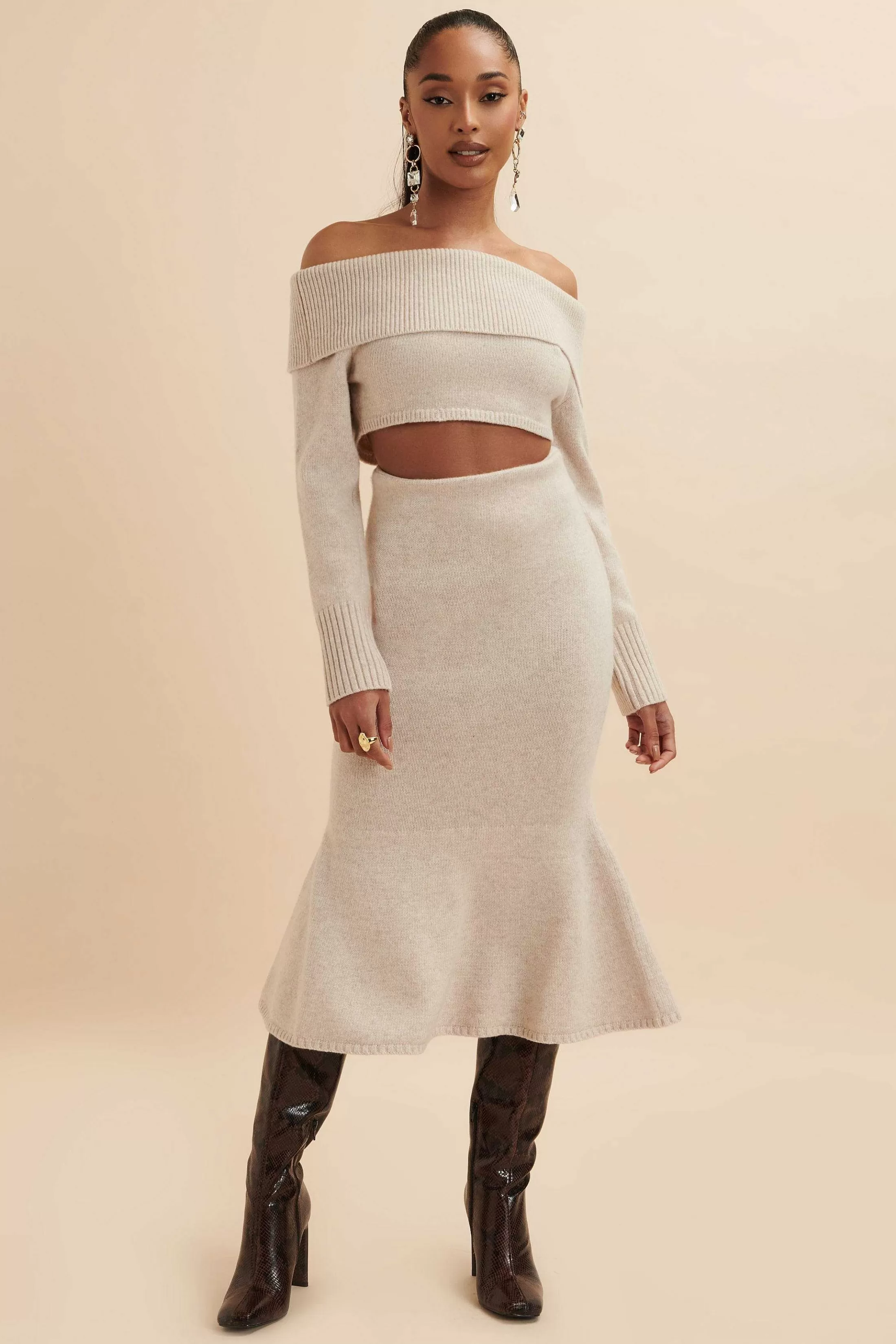 Lavish Alice Knitted Separates<Eleni Knitted Wool Fit & Flare Midi Skirt In Stone