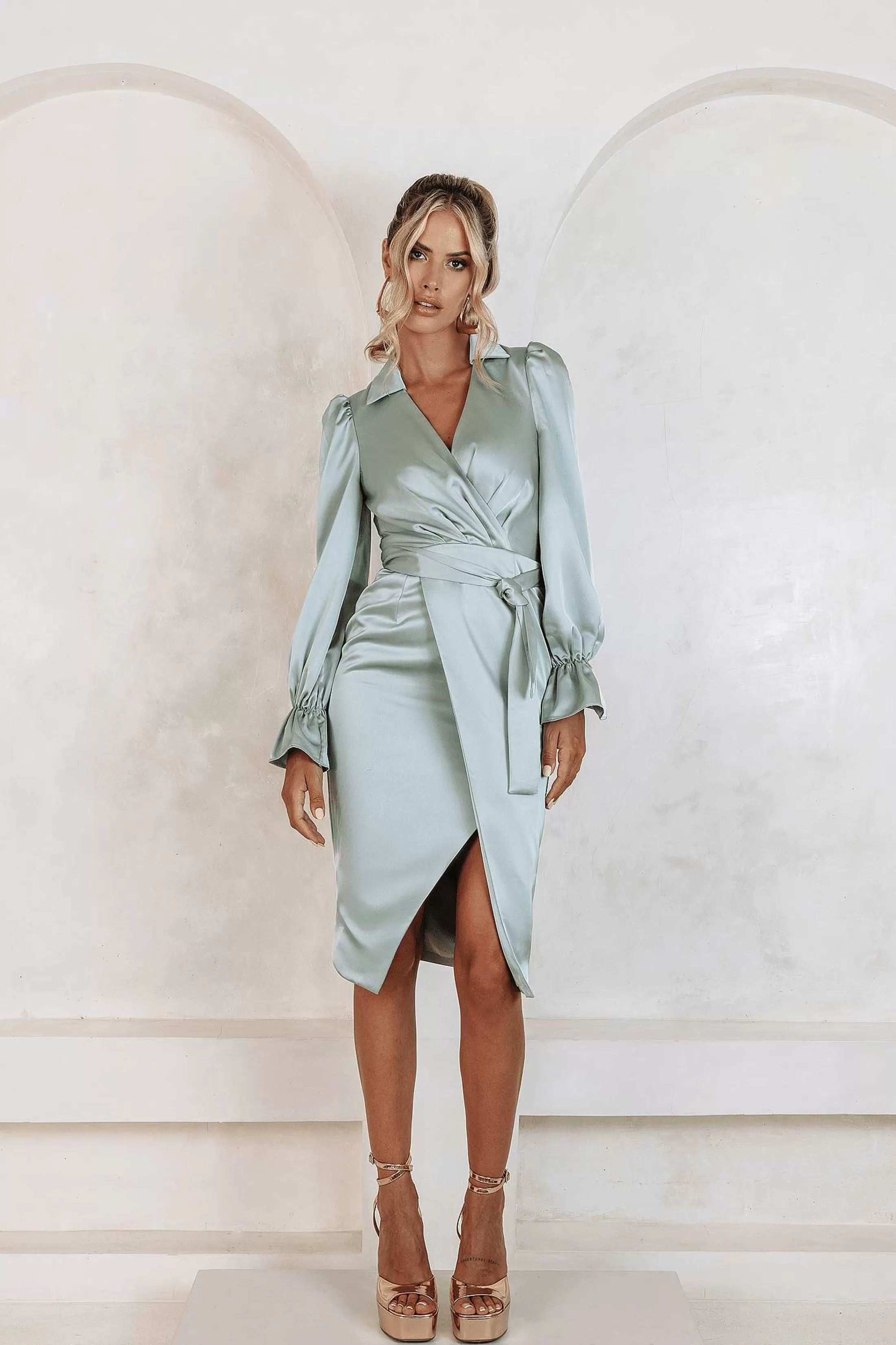 Lavish Alice Dresses<Elise Satin Wrap Shirt Dress In Sage