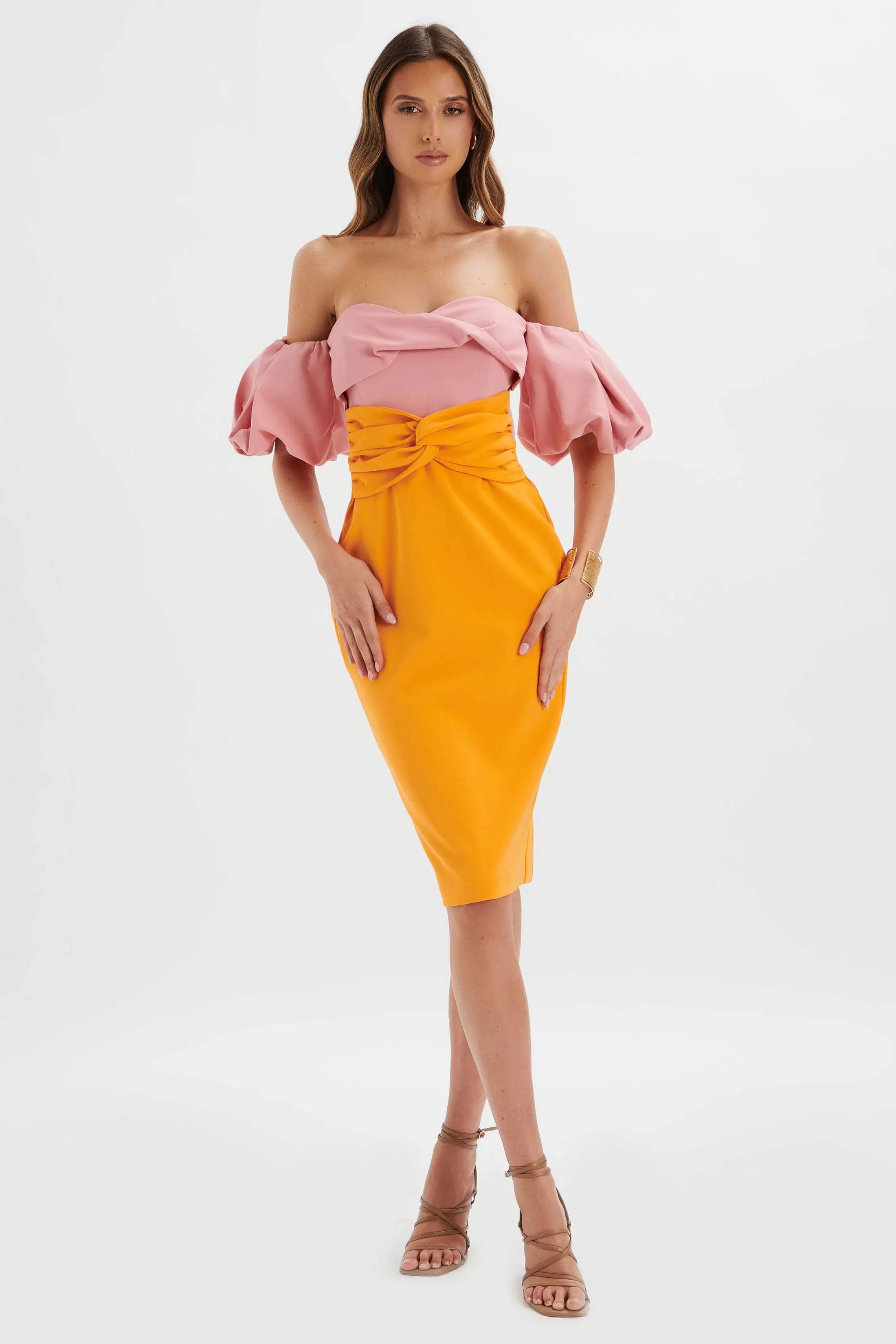 Lavish Alice Wedding Guest<Eliza Colour Block Twisted Midi Dress In Pink & Papaya