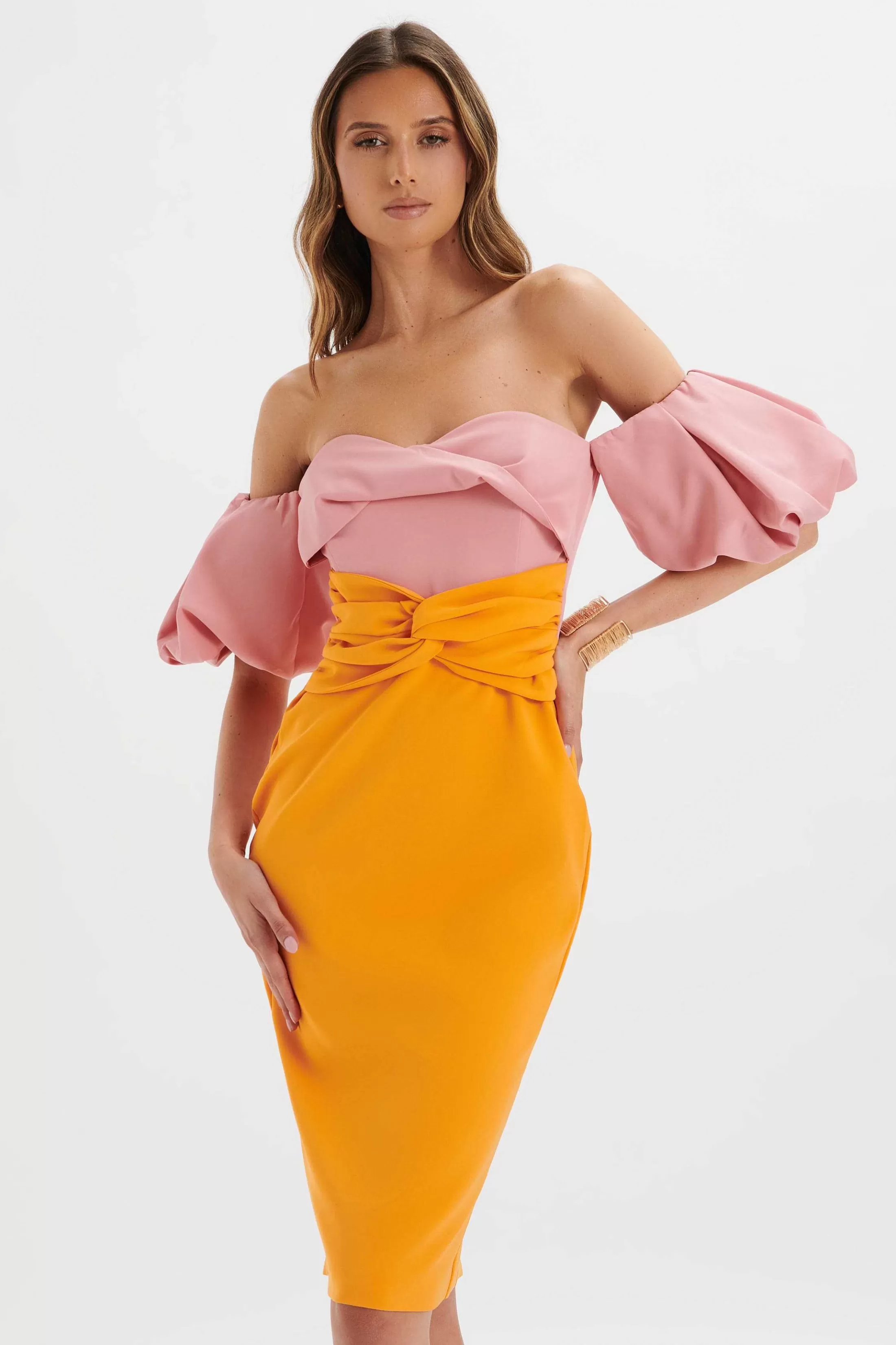 Lavish Alice Wedding Guest<Eliza Colour Block Twisted Midi Dress In Pink & Papaya