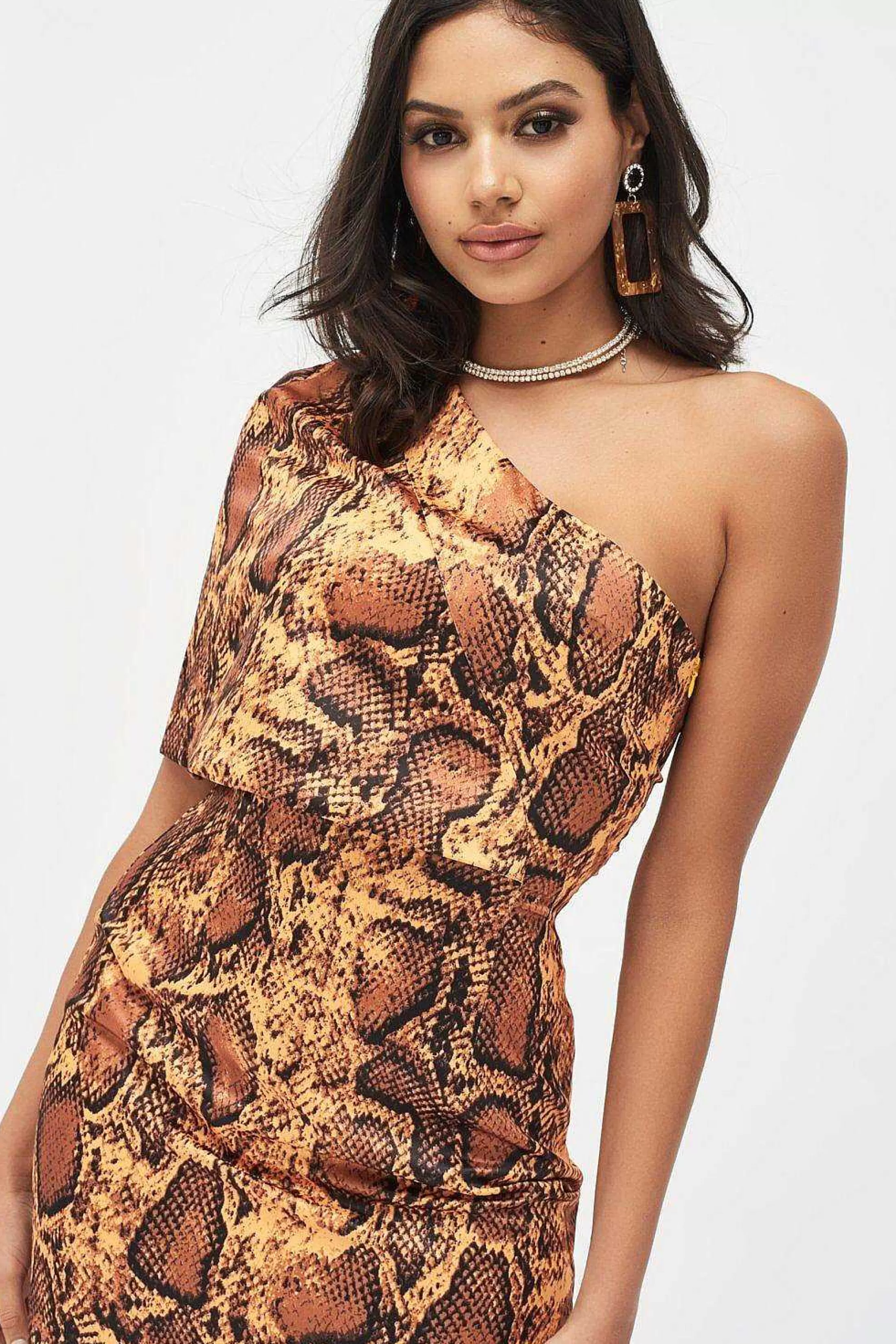 Lavish Alice Dresses<Emilia Satin One Shoulder Cape Mini Dress In Golden Yellow Snake Print