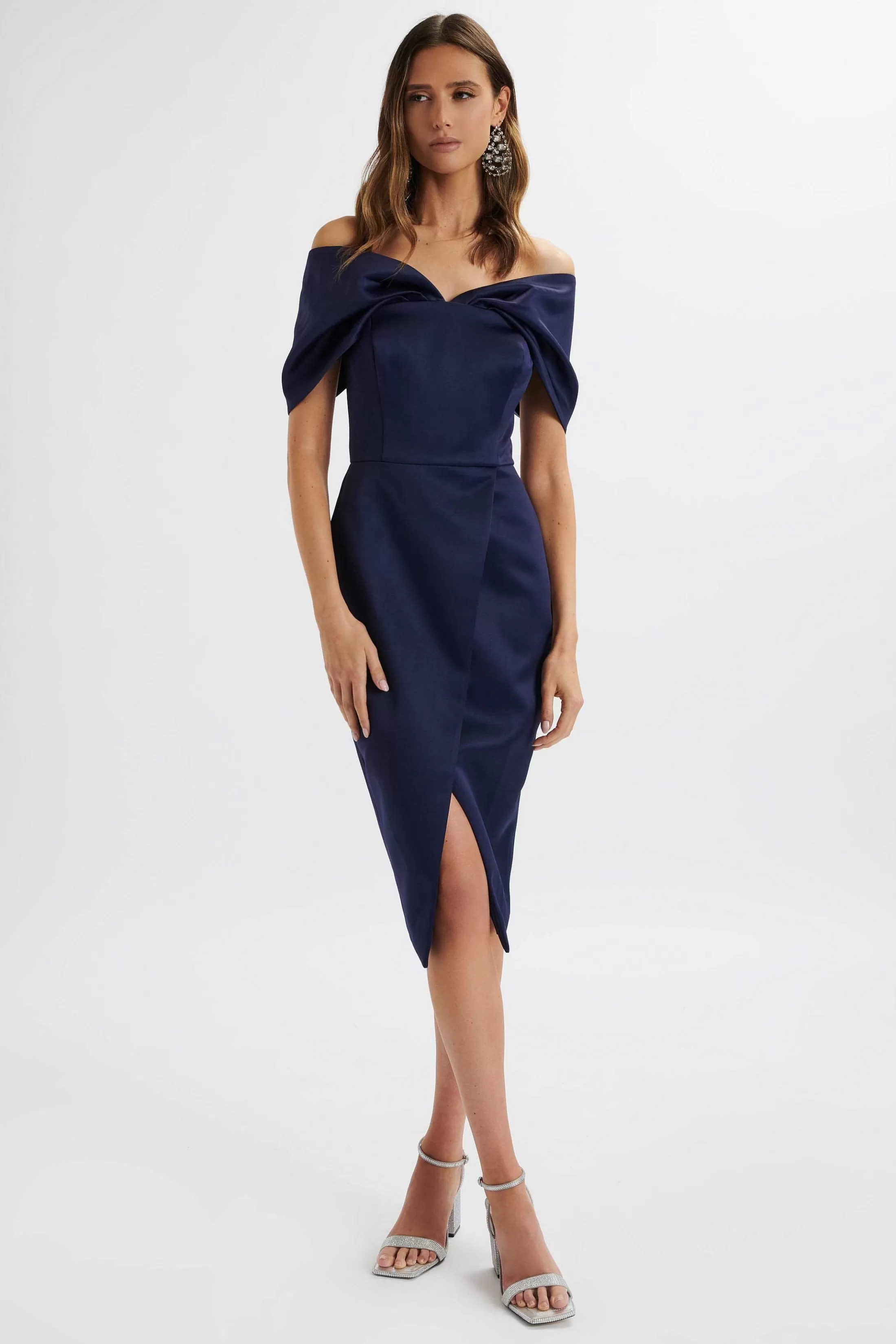 Lavish Alice Dresses<Harleen Draped Bardot Bonded Satin Midi Dress In Navy