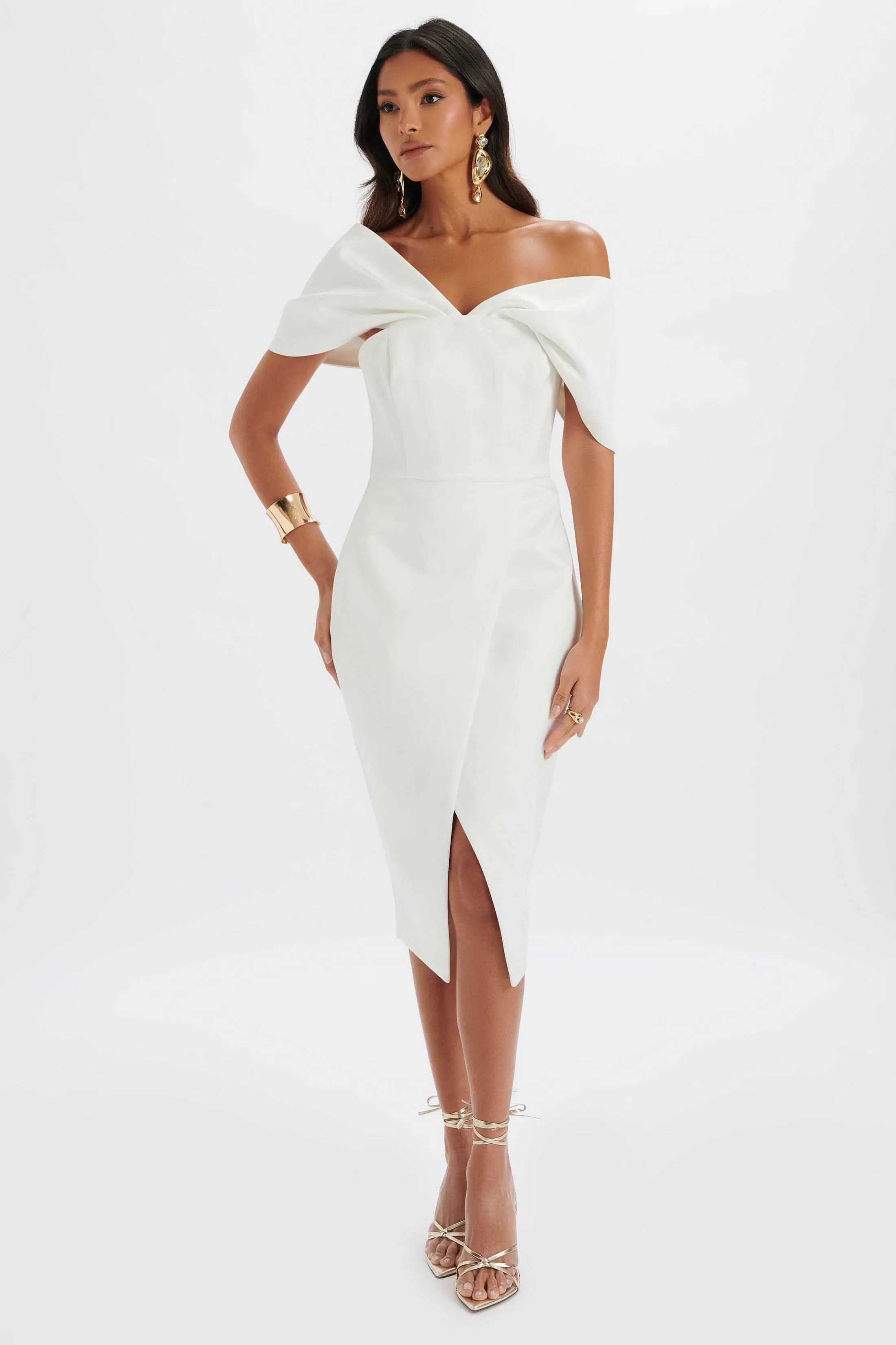 Lavish Alice Dresses<Harleen Draped Bardot Bonded Satin Midi Dress In White