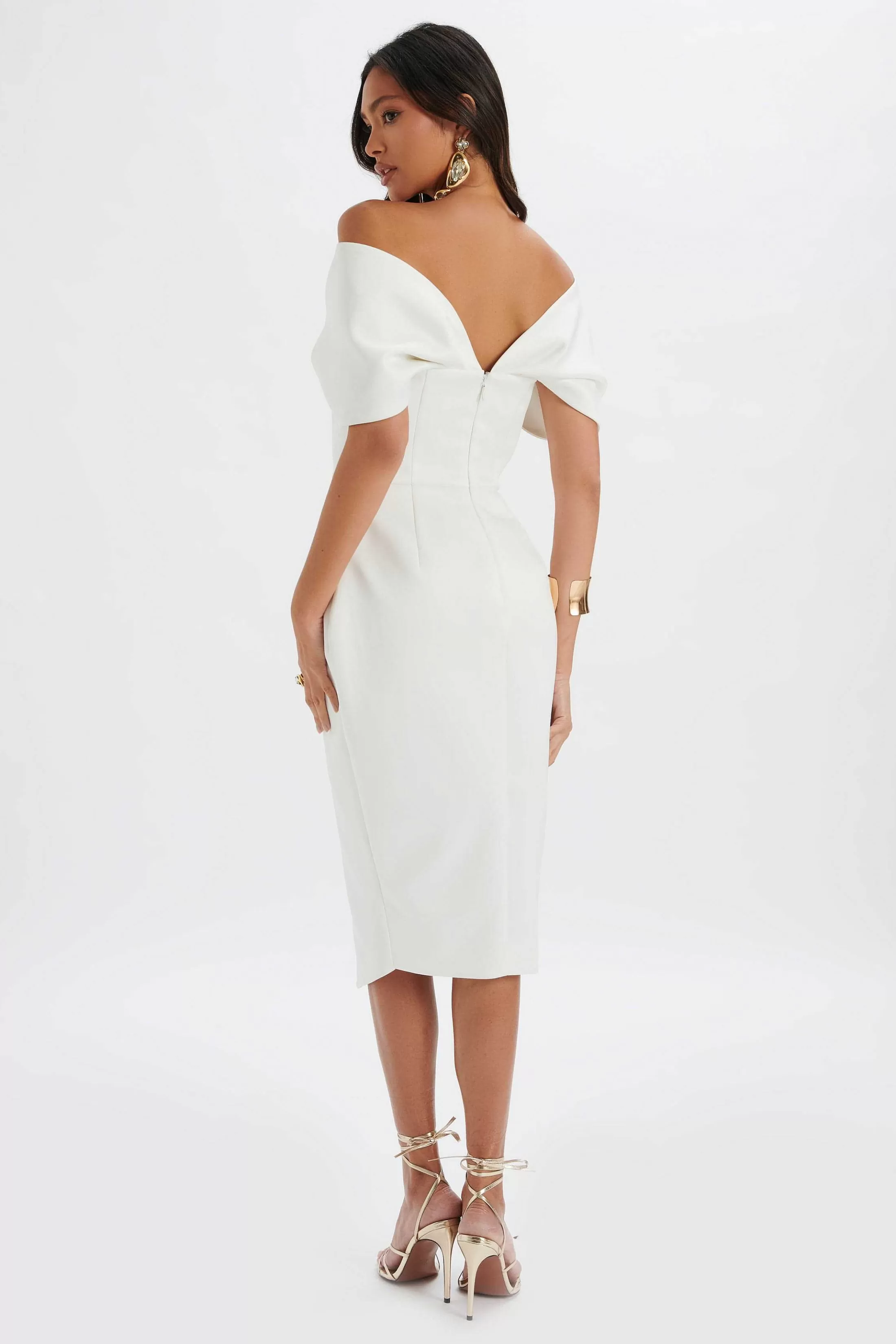 Lavish Alice Dresses<Harleen Draped Bardot Bonded Satin Midi Dress In White