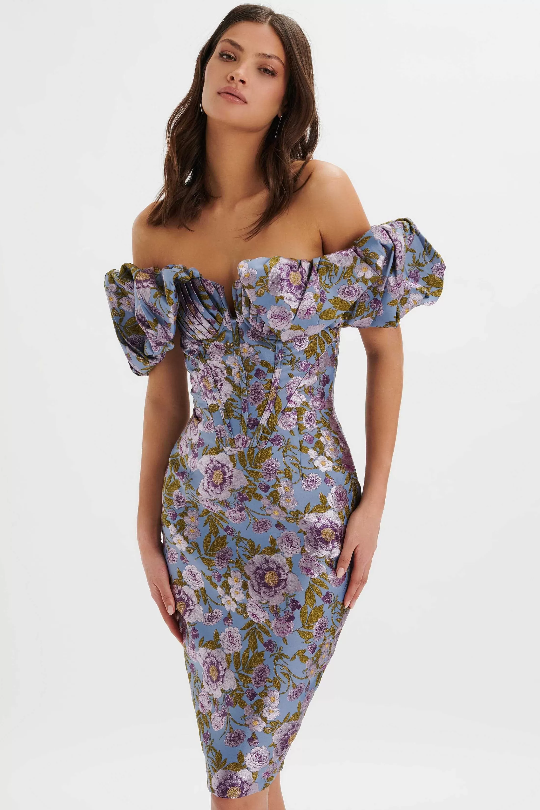Lavish Alice Wedding Guest<Harlow Jacquard Corset Puff Sleeve Midi Dress In Blue Purple