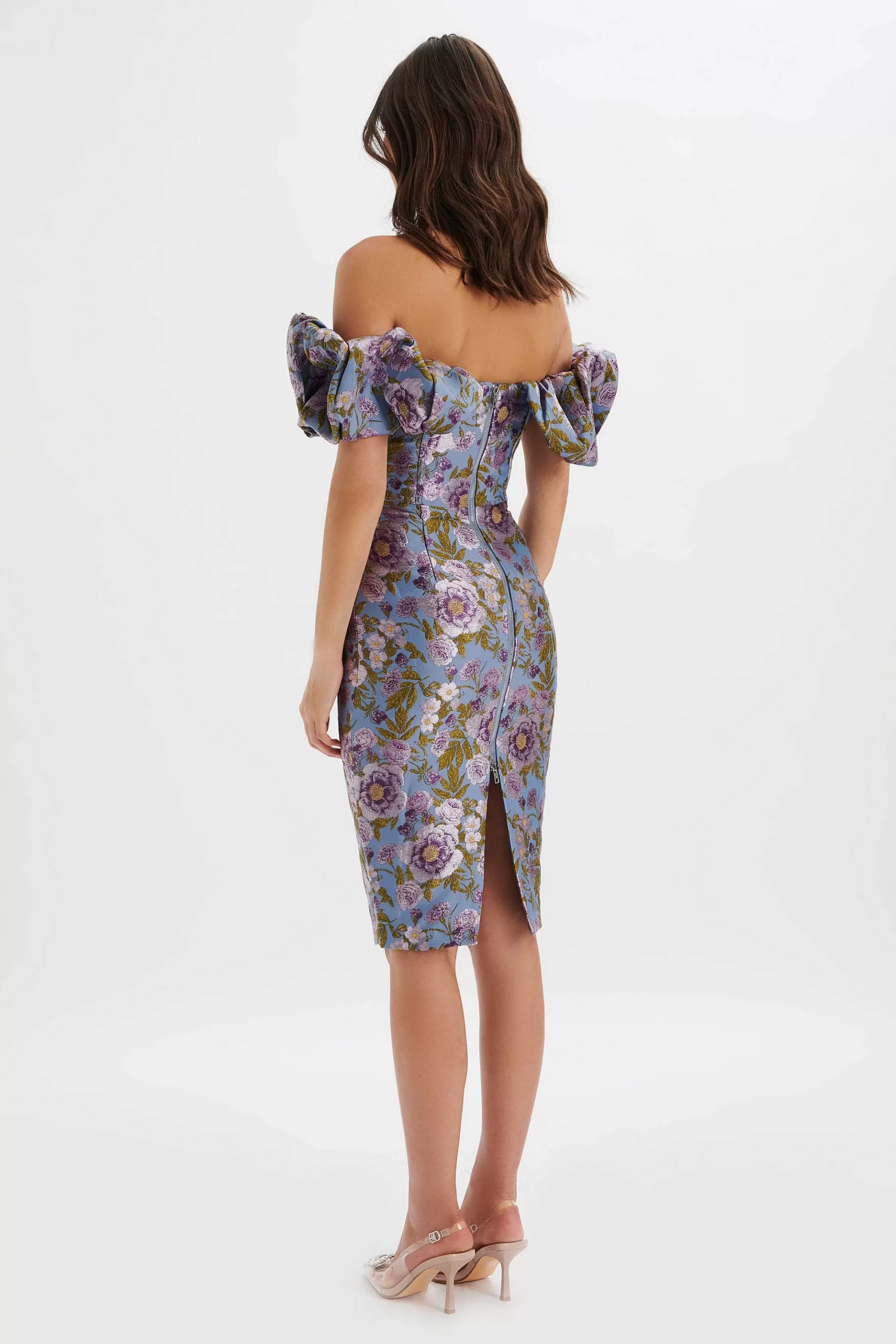 Lavish Alice Wedding Guest<Harlow Jacquard Corset Puff Sleeve Midi Dress In Blue Purple