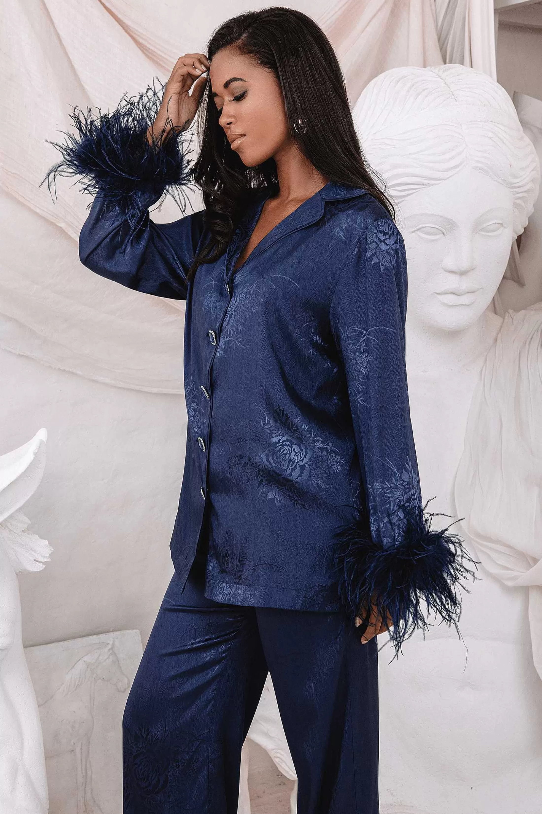 Lavish Alice Luxury Pyjamas<Helen Feather Trim Satin Jacquard Pyjama In Navy