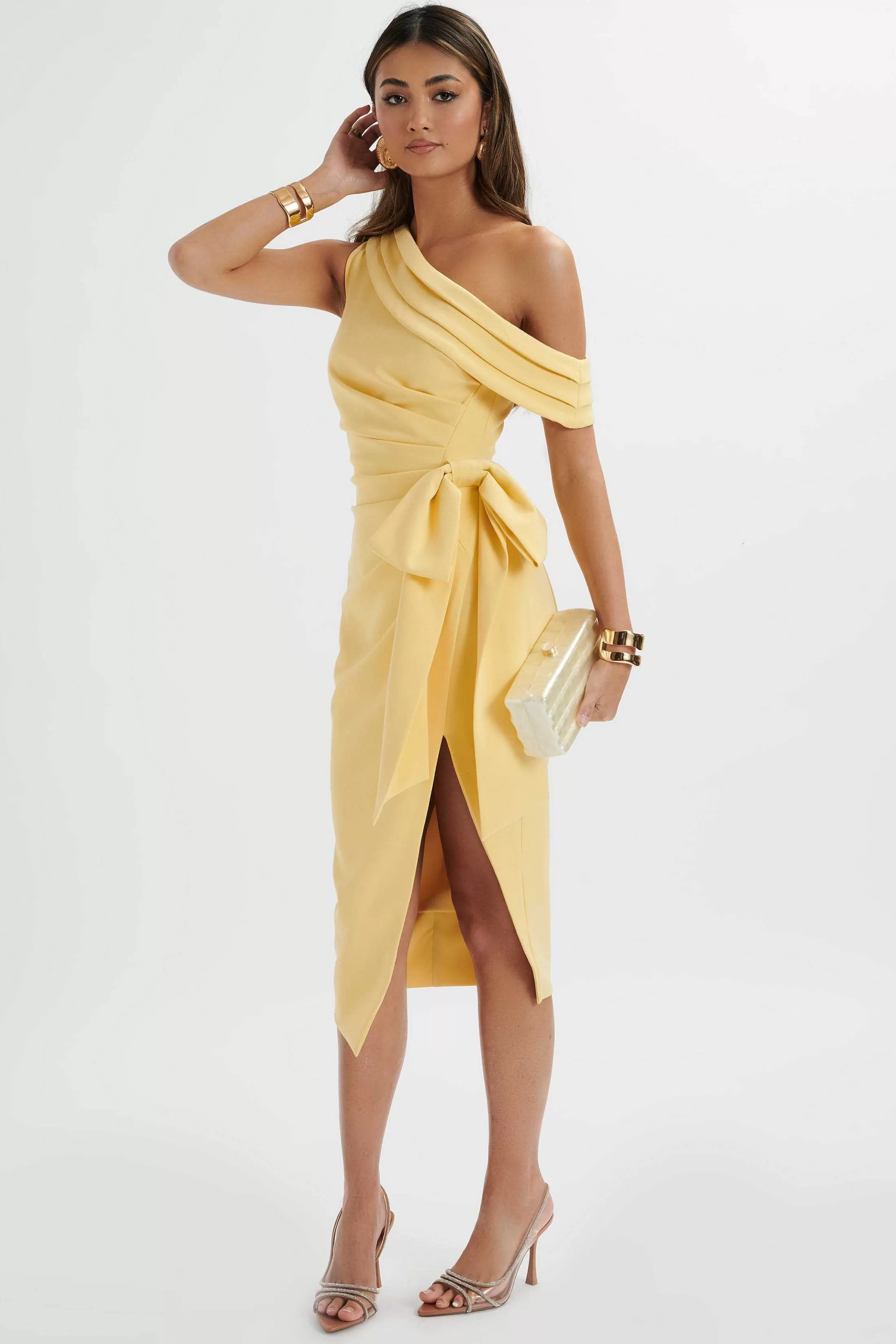 Lavish Alice Dresses<Honey Asymmetric Pleated Bow Midi Dress In Pastel Yellow