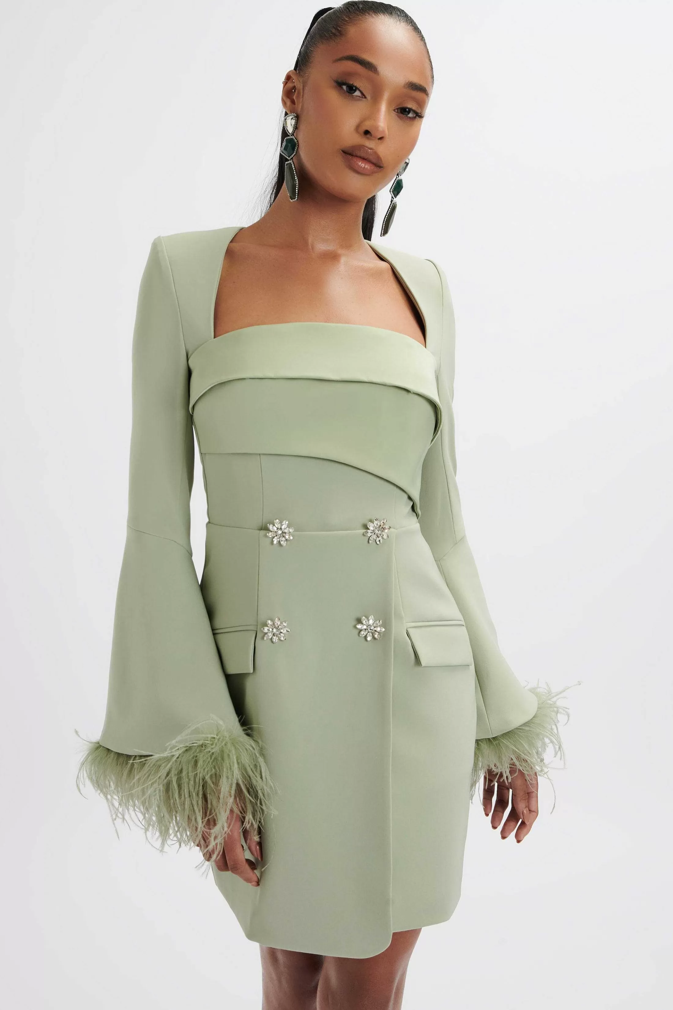 Lavish Alice Dresses<Iona Fluted Feather Sleeve Blazer Dress In Sage Green