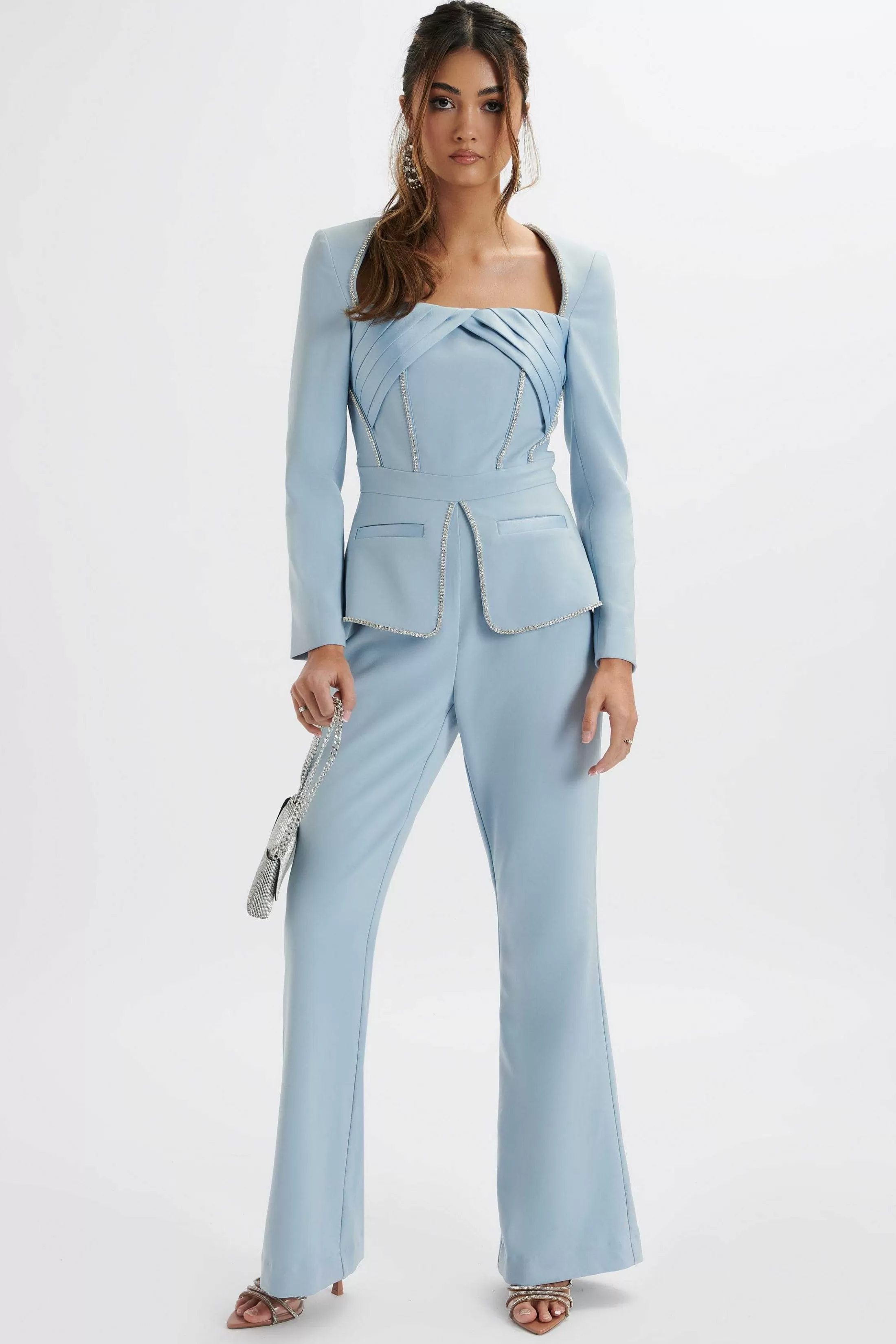 Lavish Alice Jumpsuits & Playsuits<Jessie Diamante Trim Tailored Jumpsuit In Pastel Blue