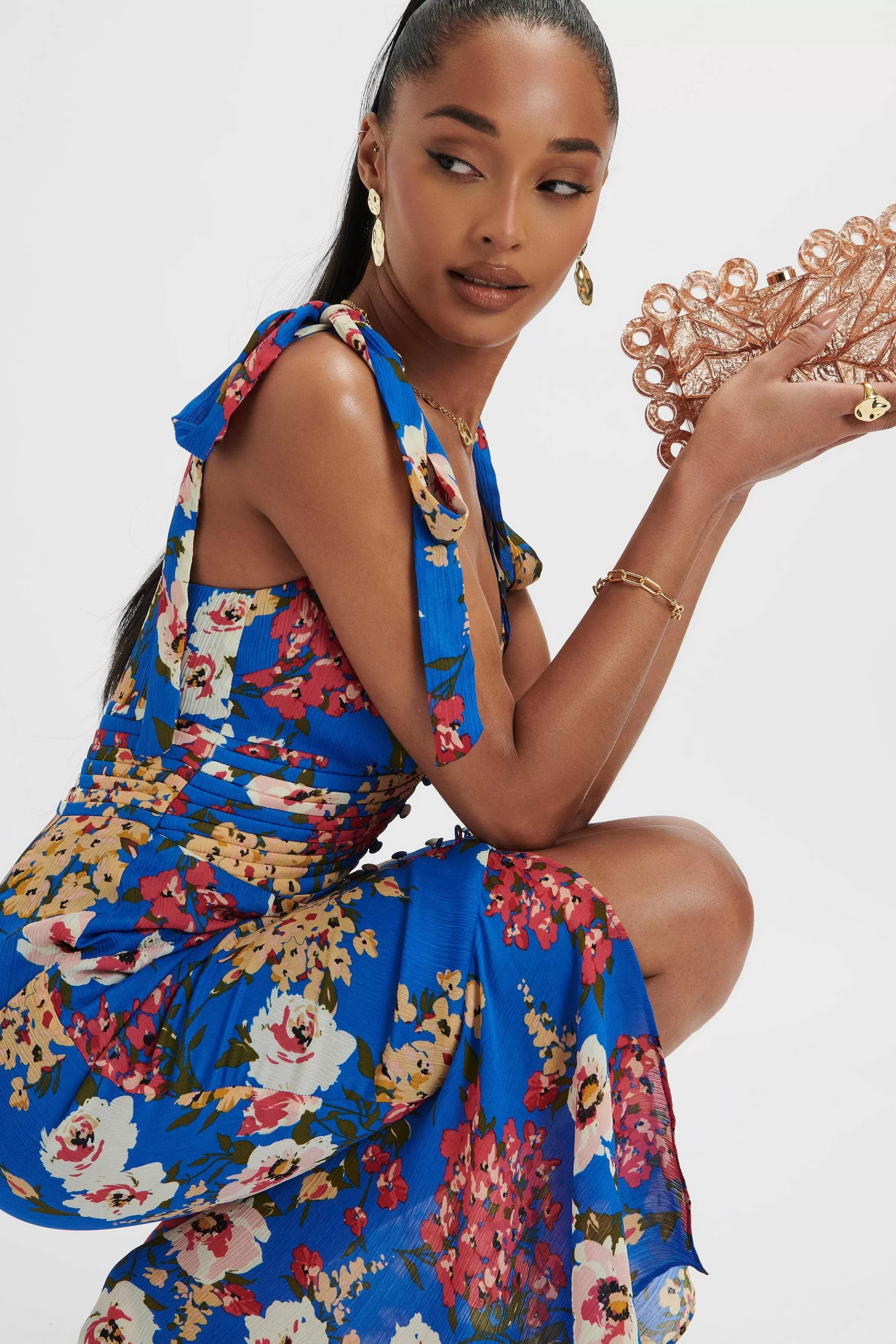 Lavish Alice Dresses<Kamila Tie Strap Micro Button Longline Midi Dress In Blue Floral Satin