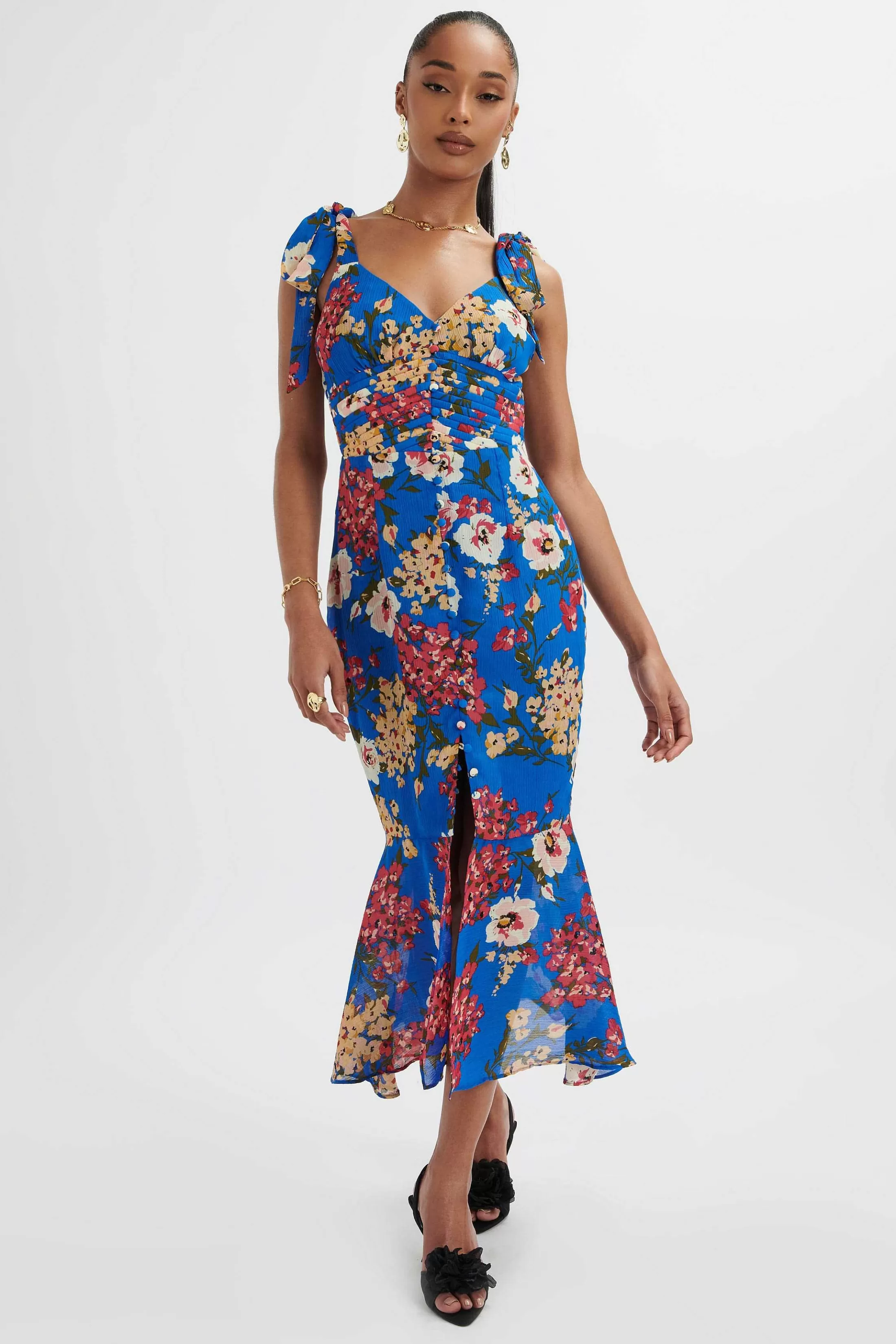 Lavish Alice Dresses<Kamila Tie Strap Micro Button Longline Midi Dress In Blue Floral Satin