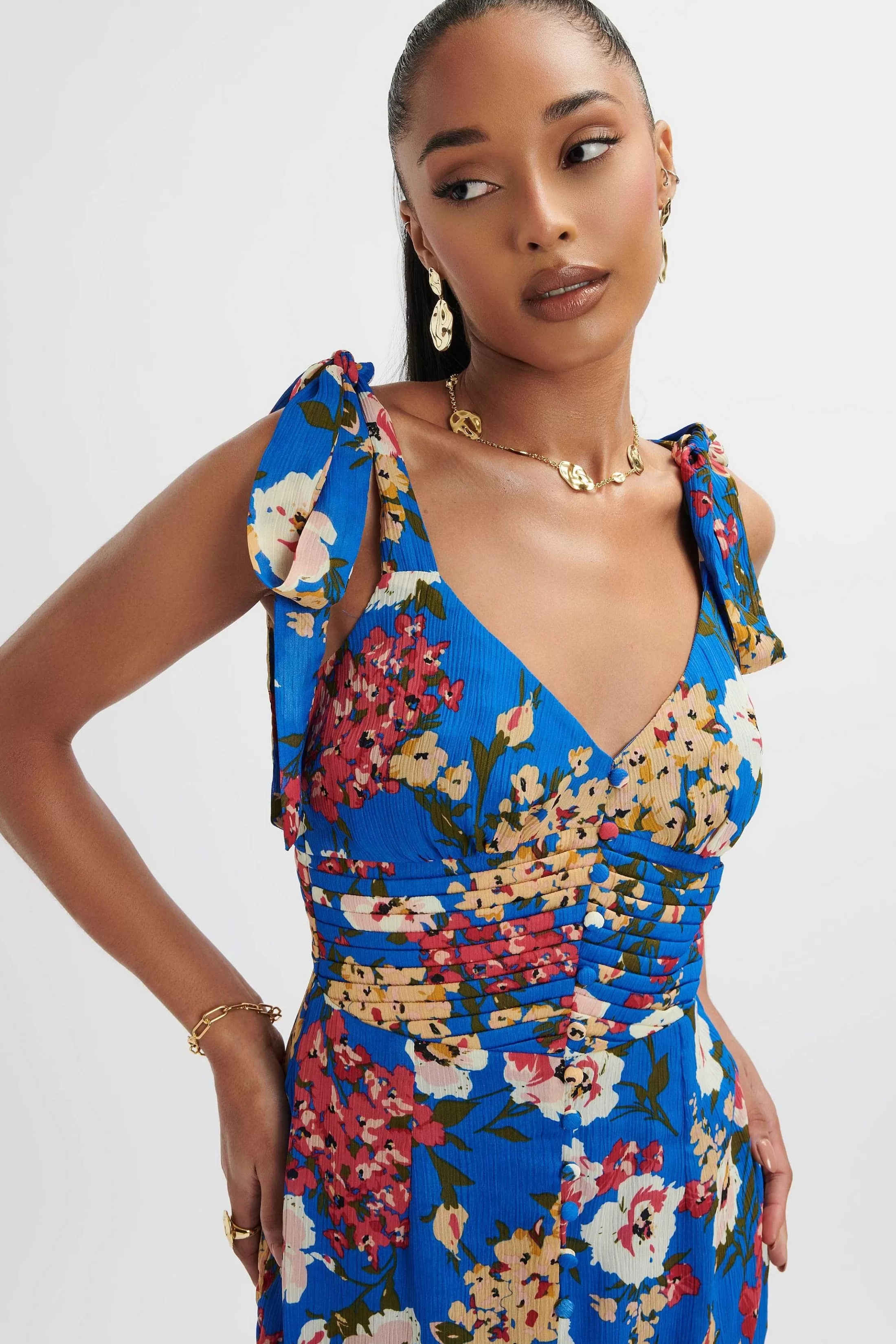 Lavish Alice Dresses<Kamila Tie Strap Micro Button Longline Midi Dress In Blue Floral Satin