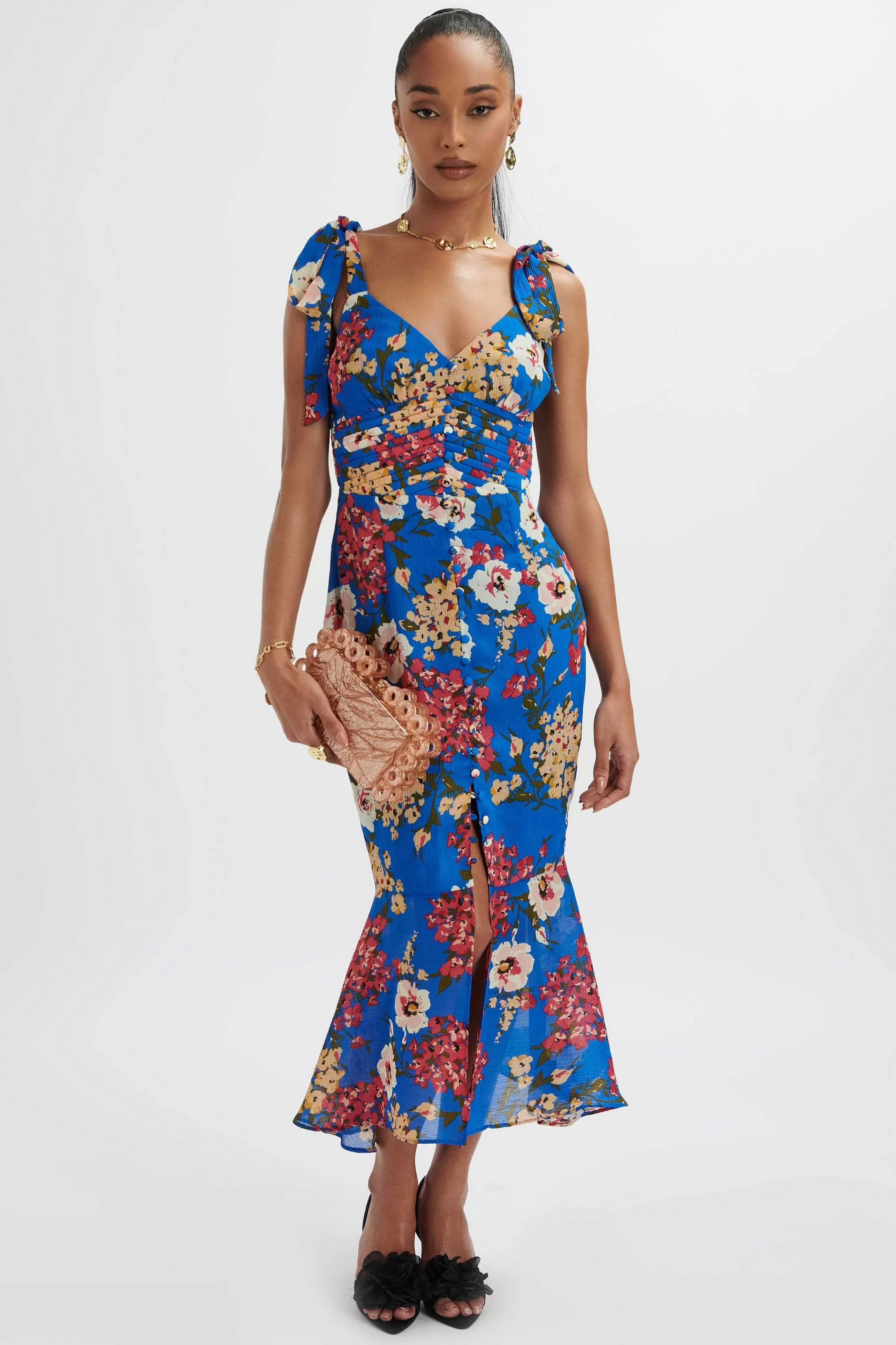 Lavish Alice Dresses<Kamila Tie Strap Micro Button Longline Midi Dress In Blue Floral Satin