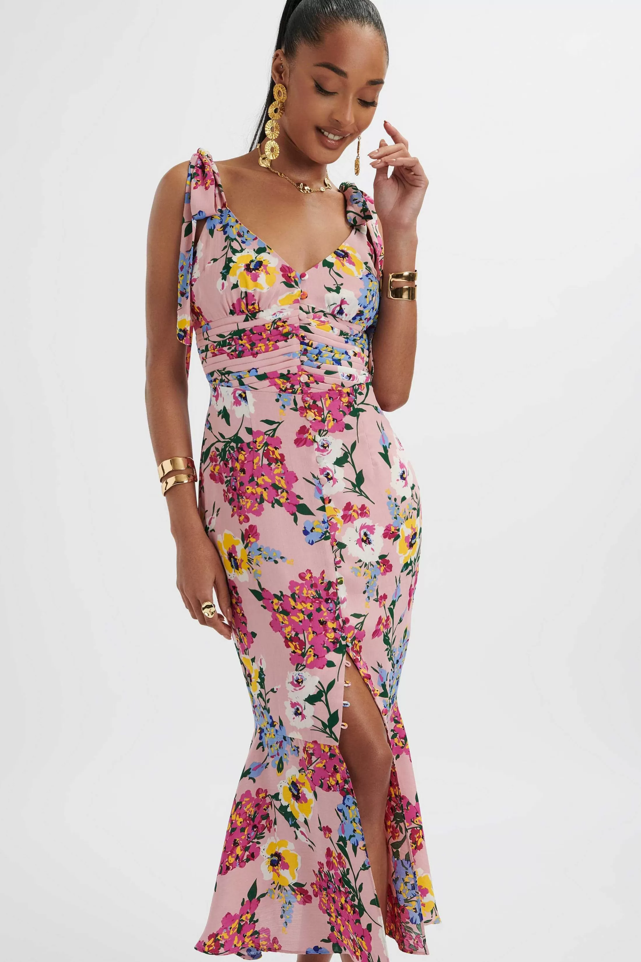 Lavish Alice Dresses<Kamila Tie Strap Micro Button Longline Midi Dress In Pink Floral Satin
