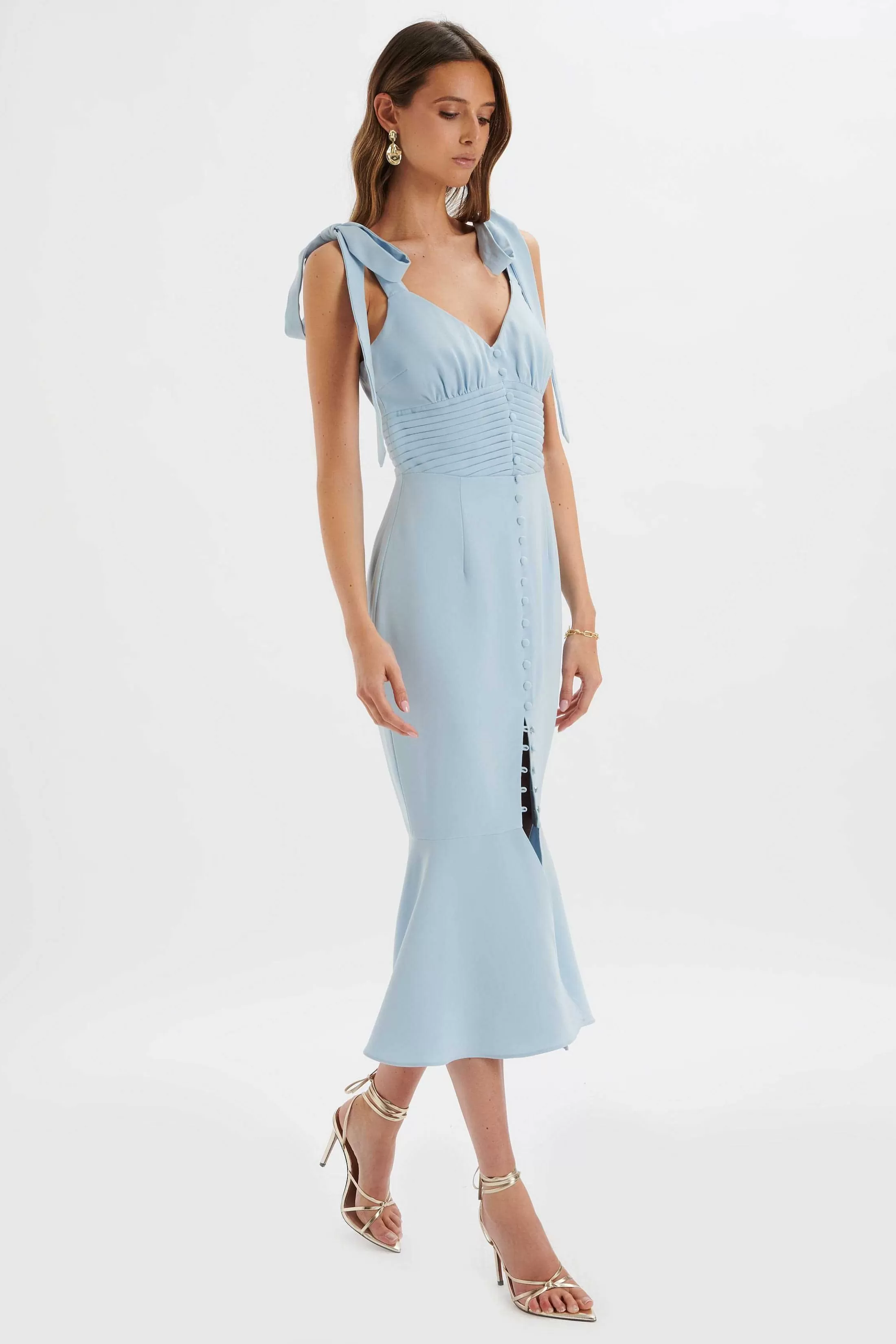Lavish Alice Dresses<Kamila Tie Strap Micro Button Midi Dress In Deep Corn Flower Blue