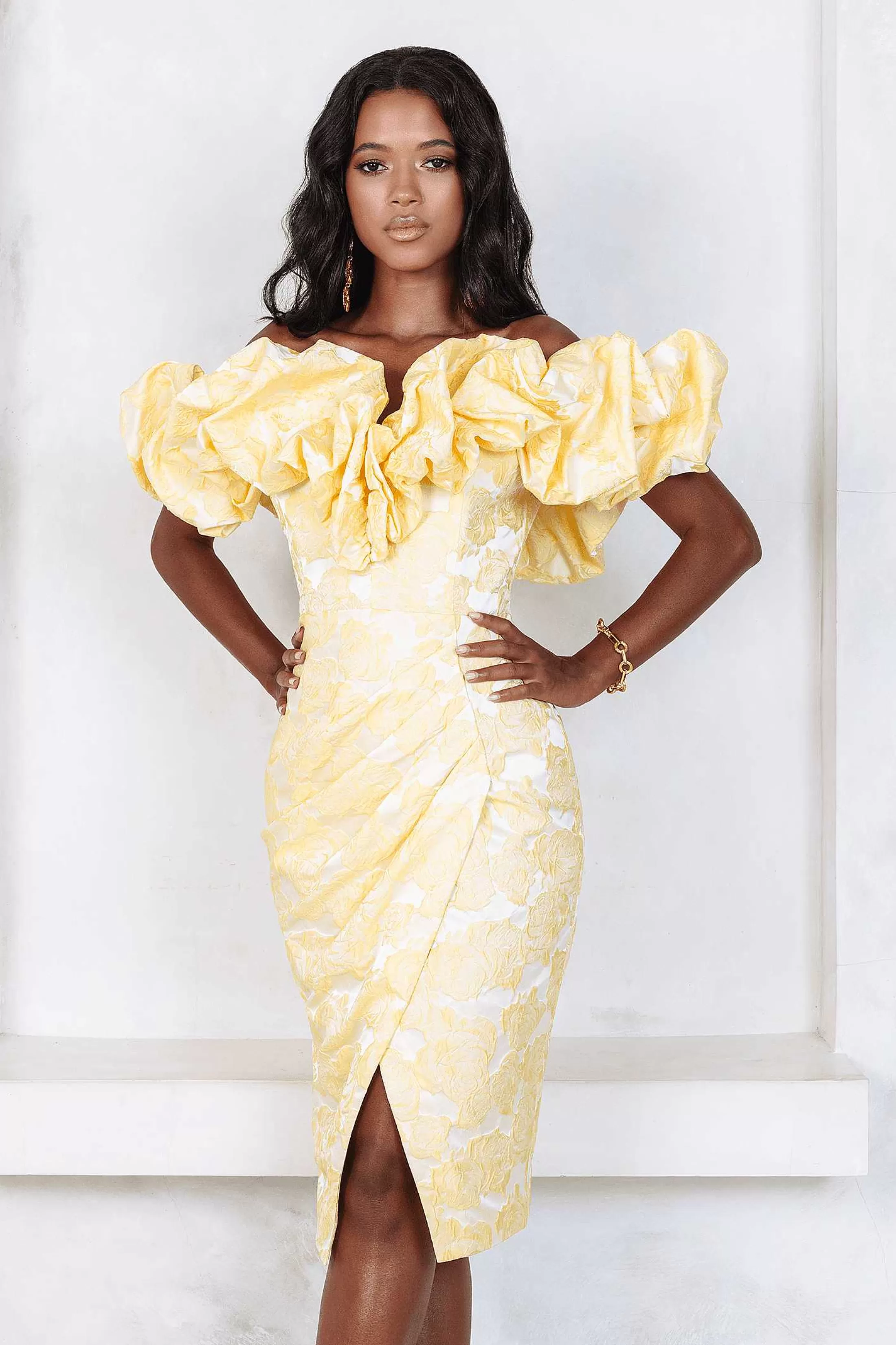 Lavish Alice Wedding Guest<Katie Rose Brocade Off Shoulder Midi Dress In Yellow