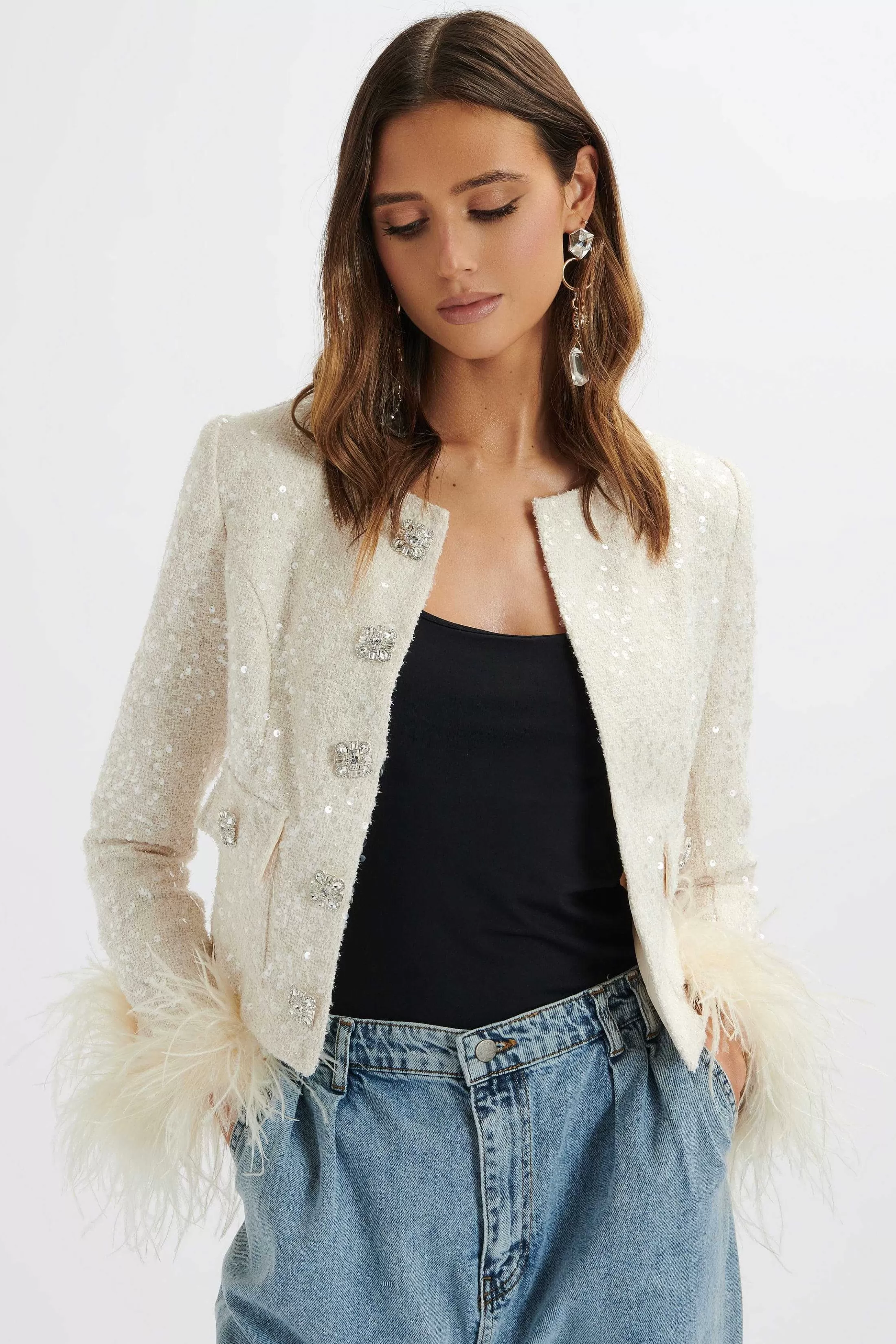 Lavish Alice Blazers<Laria Sequin Boucle Cropped Jacket With Feather Cuffs In Beige