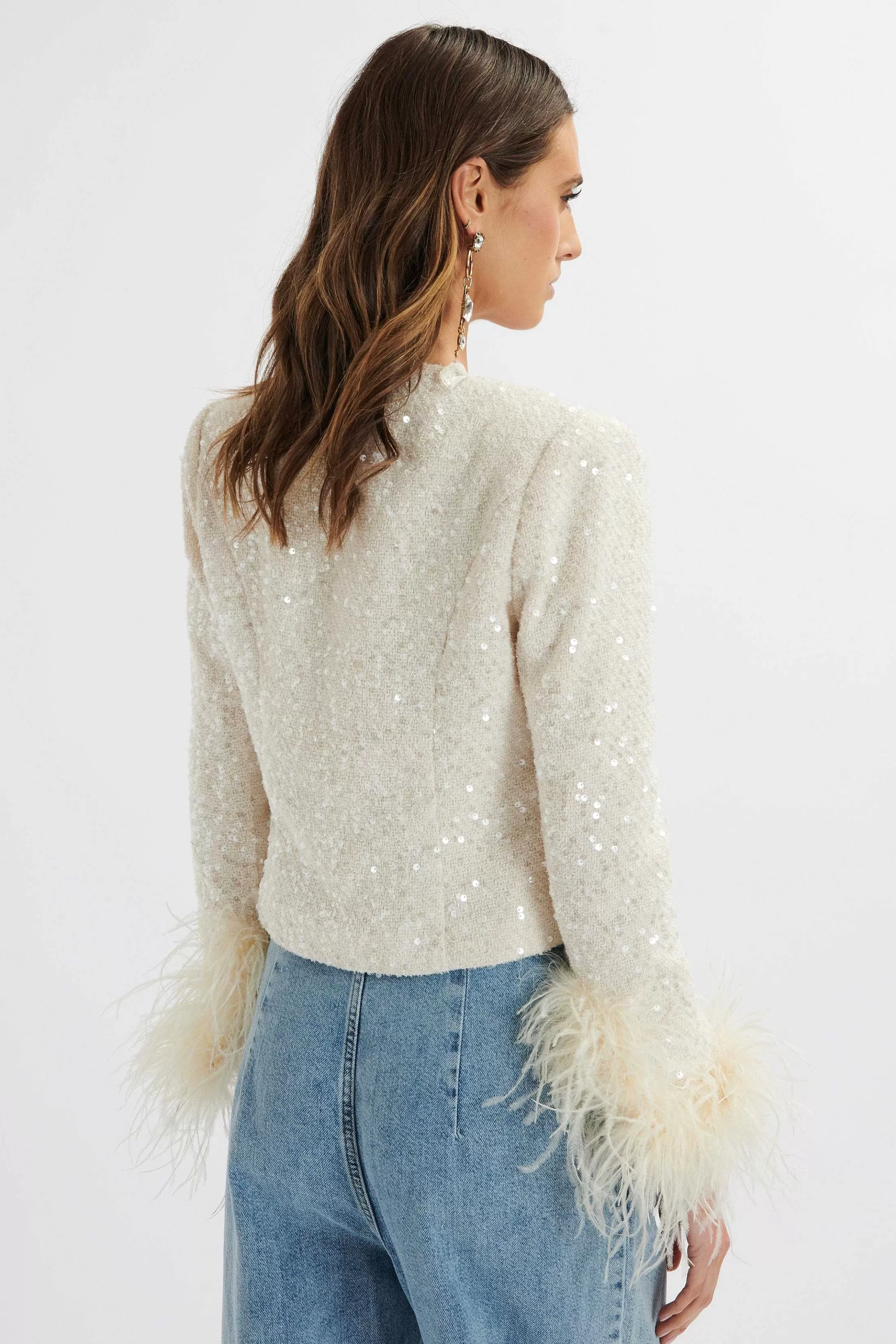 Lavish Alice Blazers<Laria Sequin Boucle Cropped Jacket With Feather Cuffs In Beige
