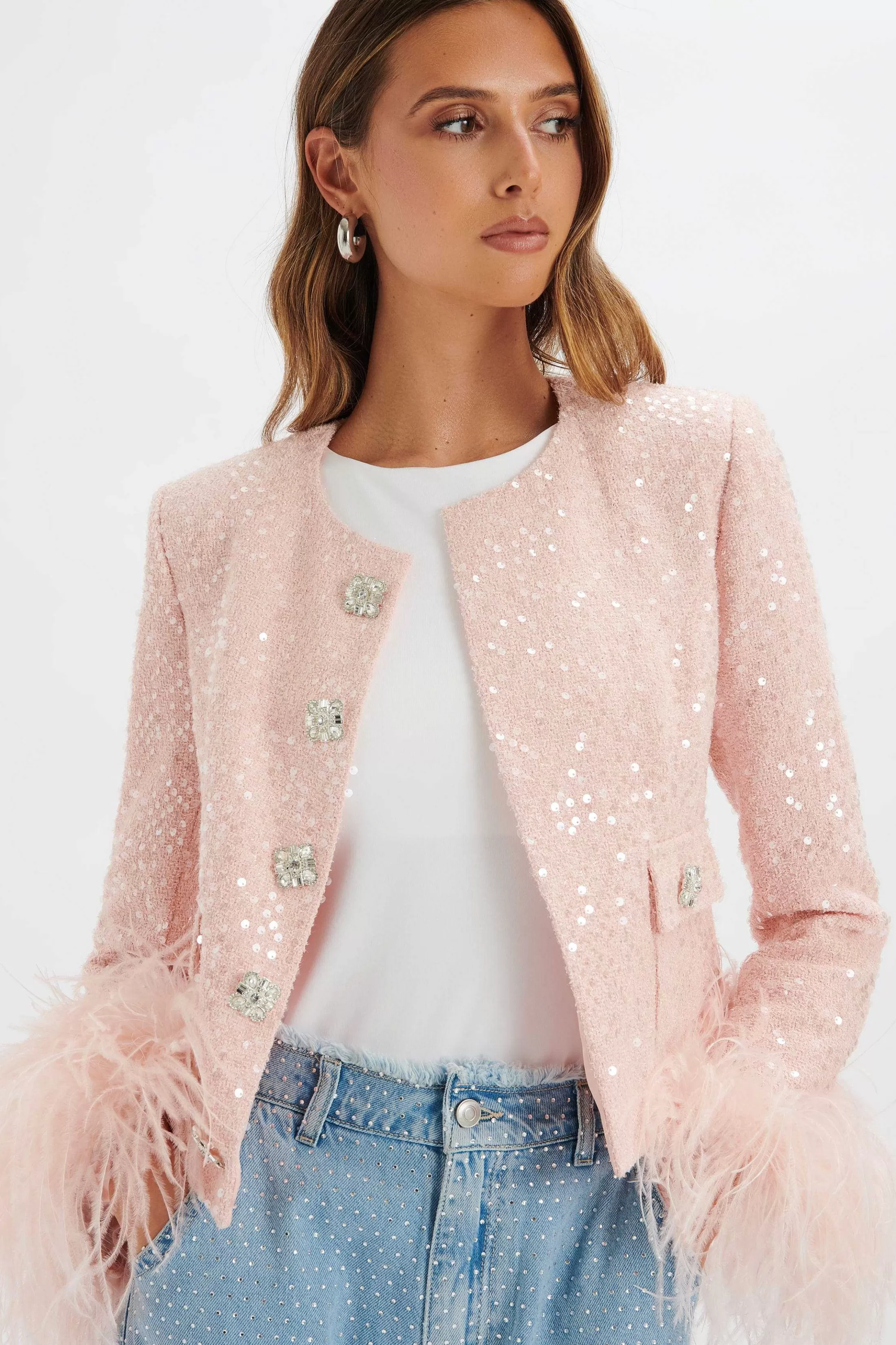 Lavish Alice Blazers<Laria Sequin Boucle Jacket With Feather Cuffs In Pink