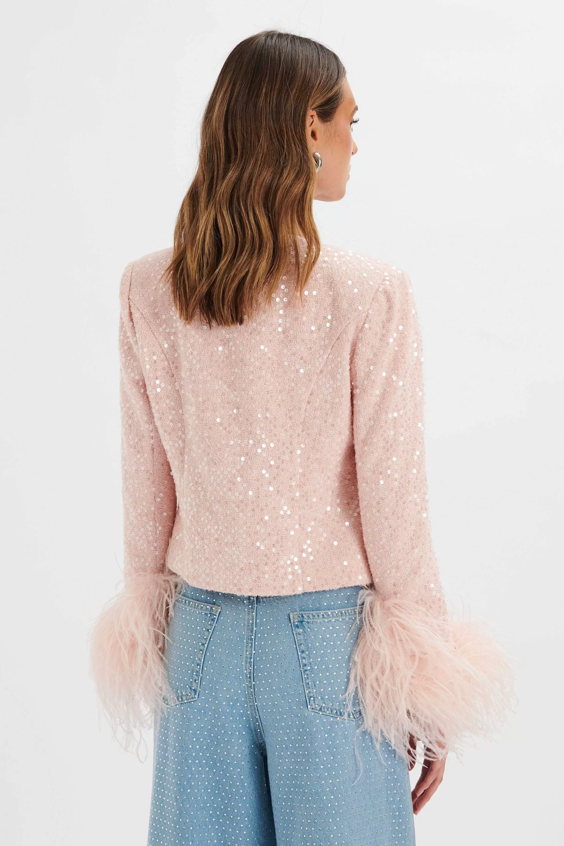 Lavish Alice Blazers<Laria Sequin Boucle Jacket With Feather Cuffs In Pink