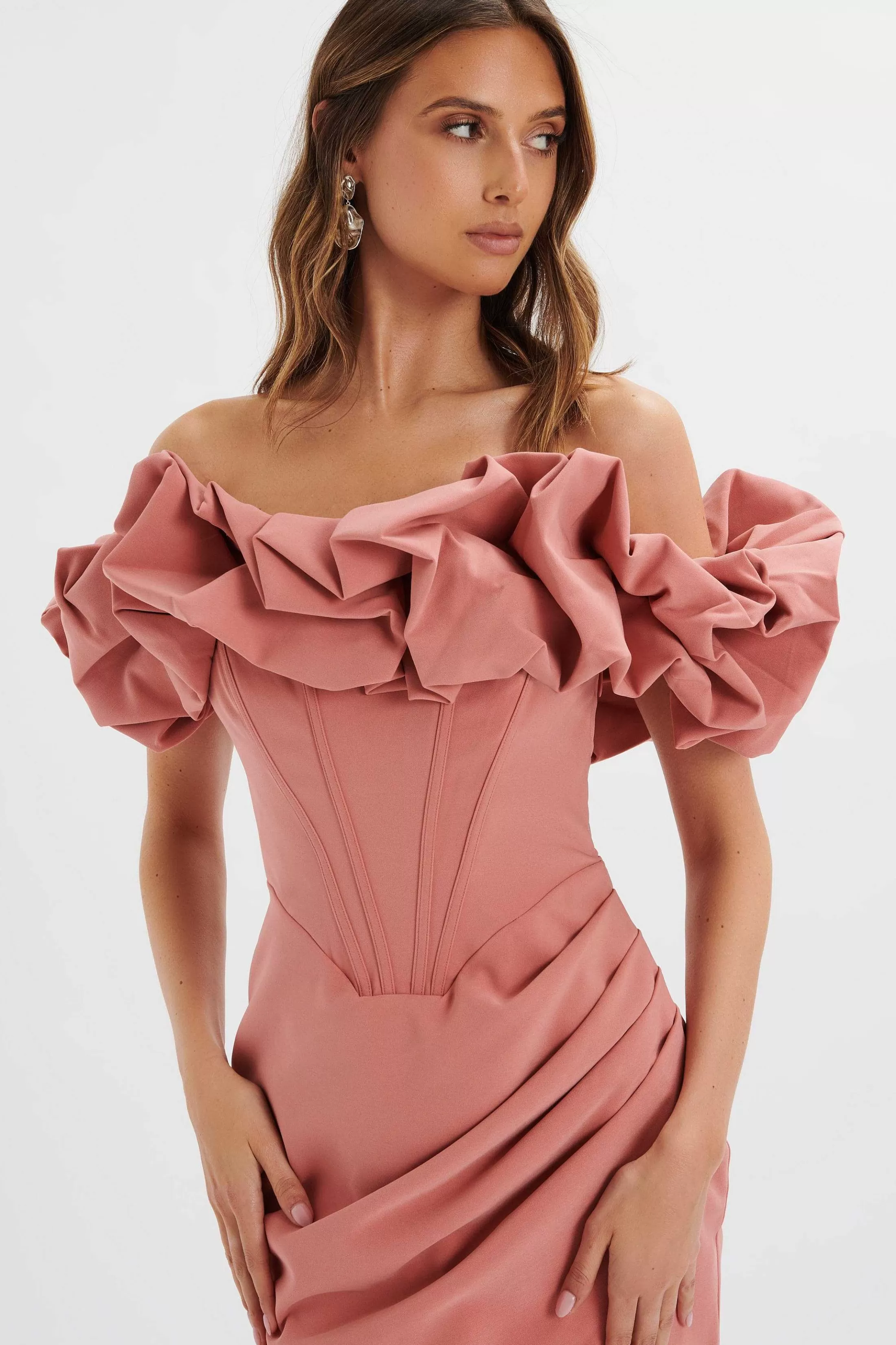 Lavish Alice Wedding Guest<Lilly Extreme Ruffle Bardot Midi Dress In Rose Pink