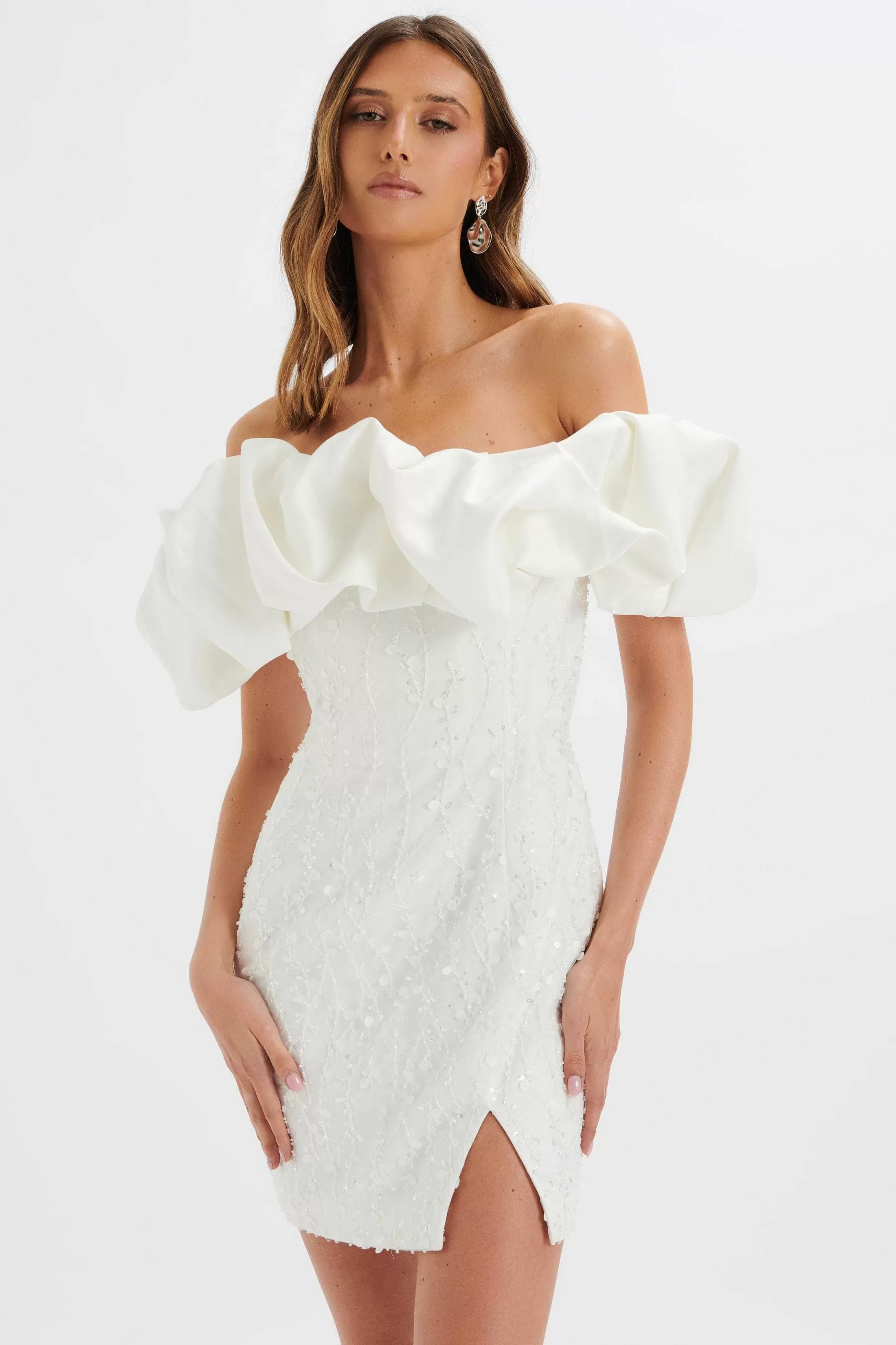 Lavish Alice Dresses<Marcia 3D Embroidered Satin Puff Mini Dress In White