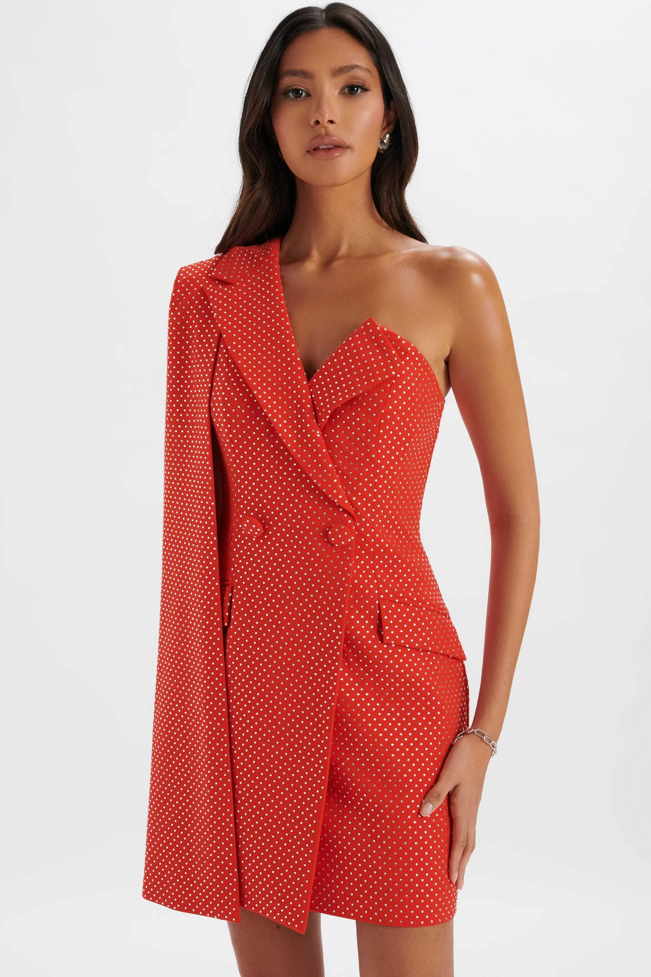 Lavish Alice Dresses<Marcy Crystal Embellished One Shoulder Cape Blazer Dress In Red