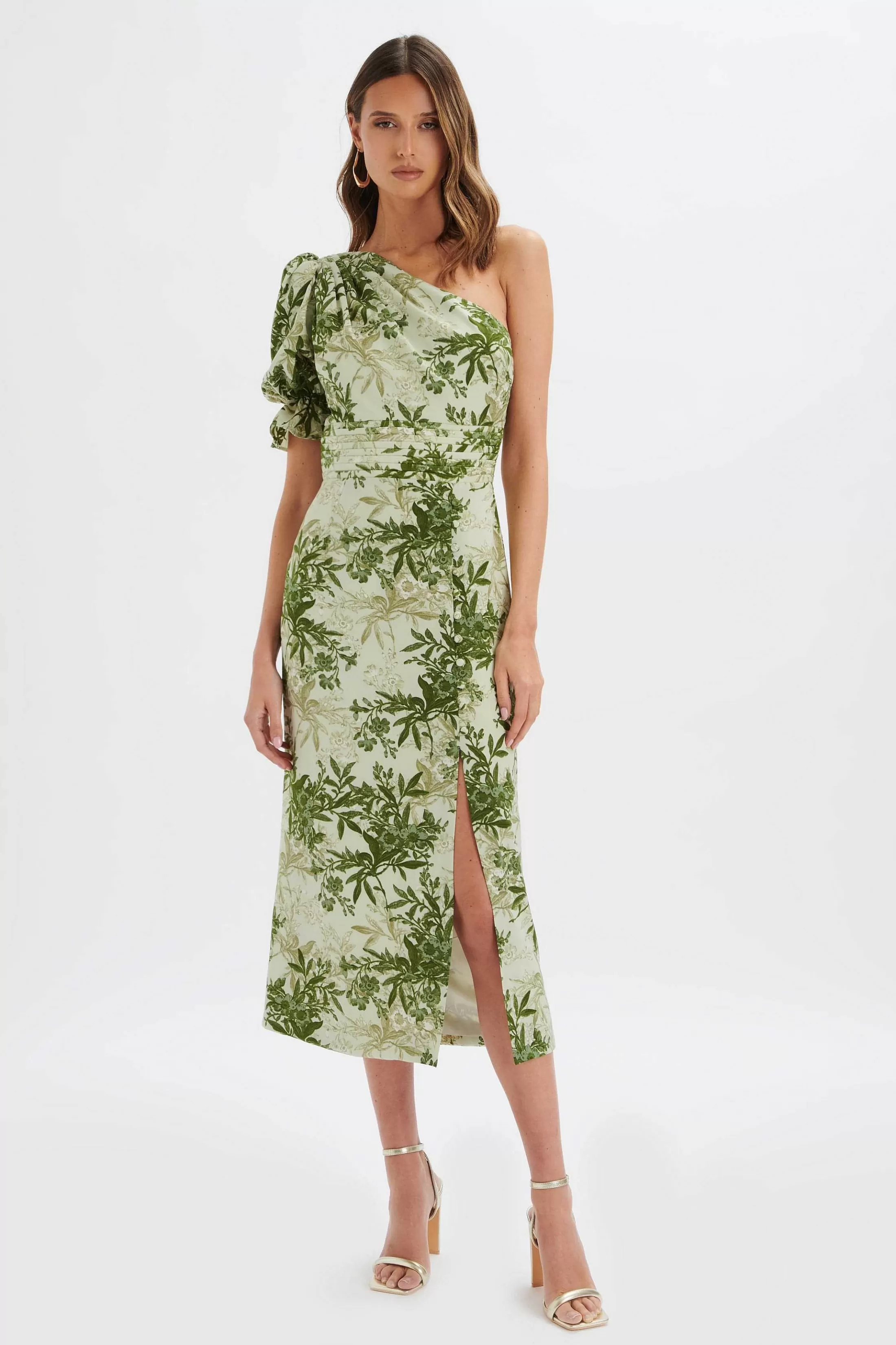 Lavish Alice Dresses<Nakia Asymmetric Puff Sleeve Midi Dress In Botanical Print